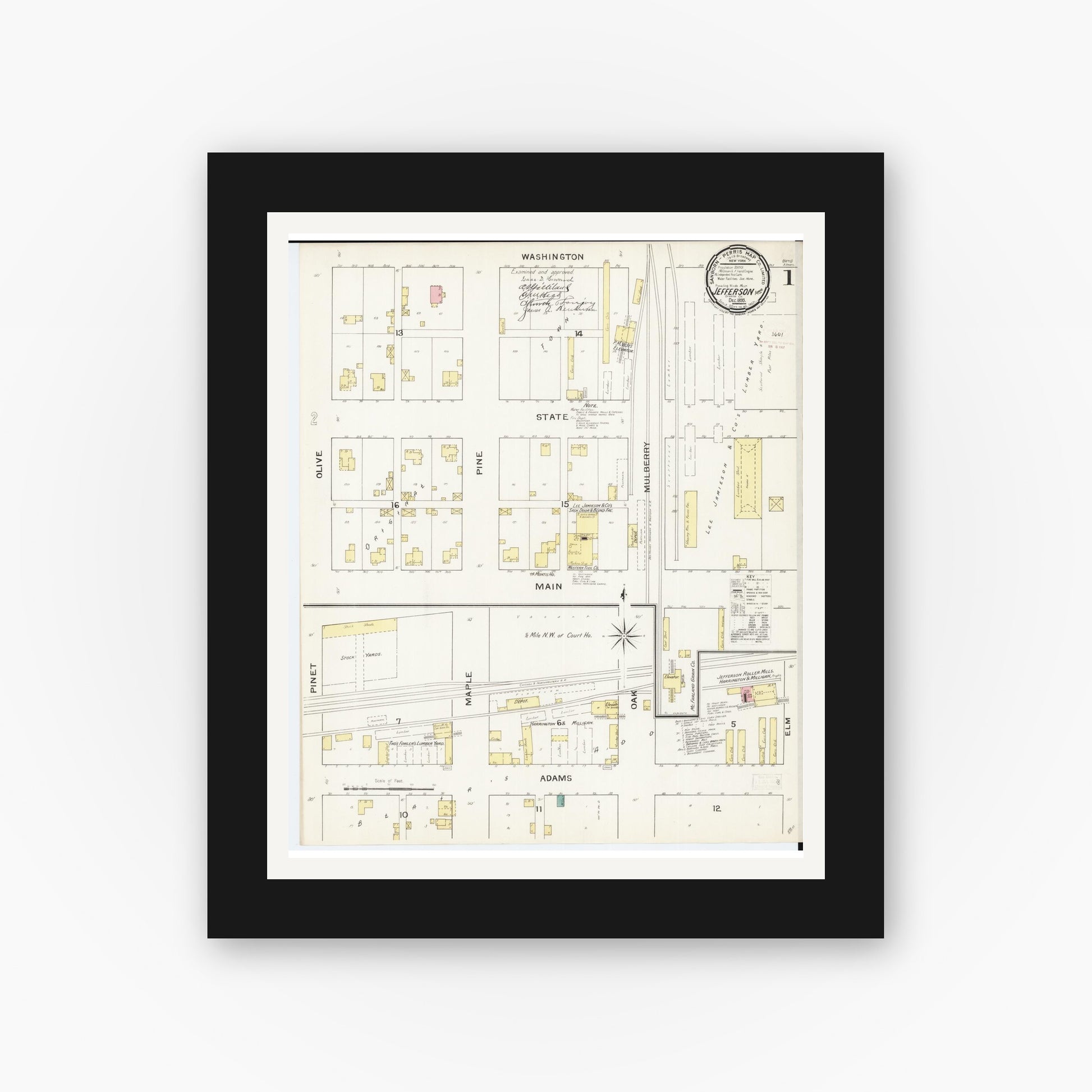 Old map wall art mockup — black gallery frame with white mat — Sanborn Fire Insurance Map from Jefferson, Greene County, Iowa (1893) â€” Complete Set