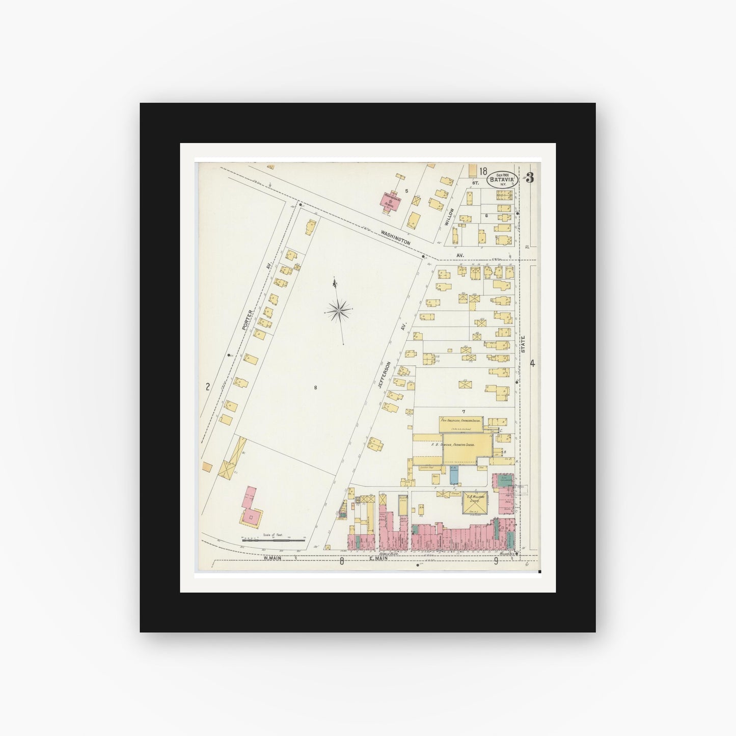 Old map wall art mockup — black gallery frame with white mat — Sanborn Fire Insurance Map from Batavia, Genesee County, New York (1901), Sheet #0003