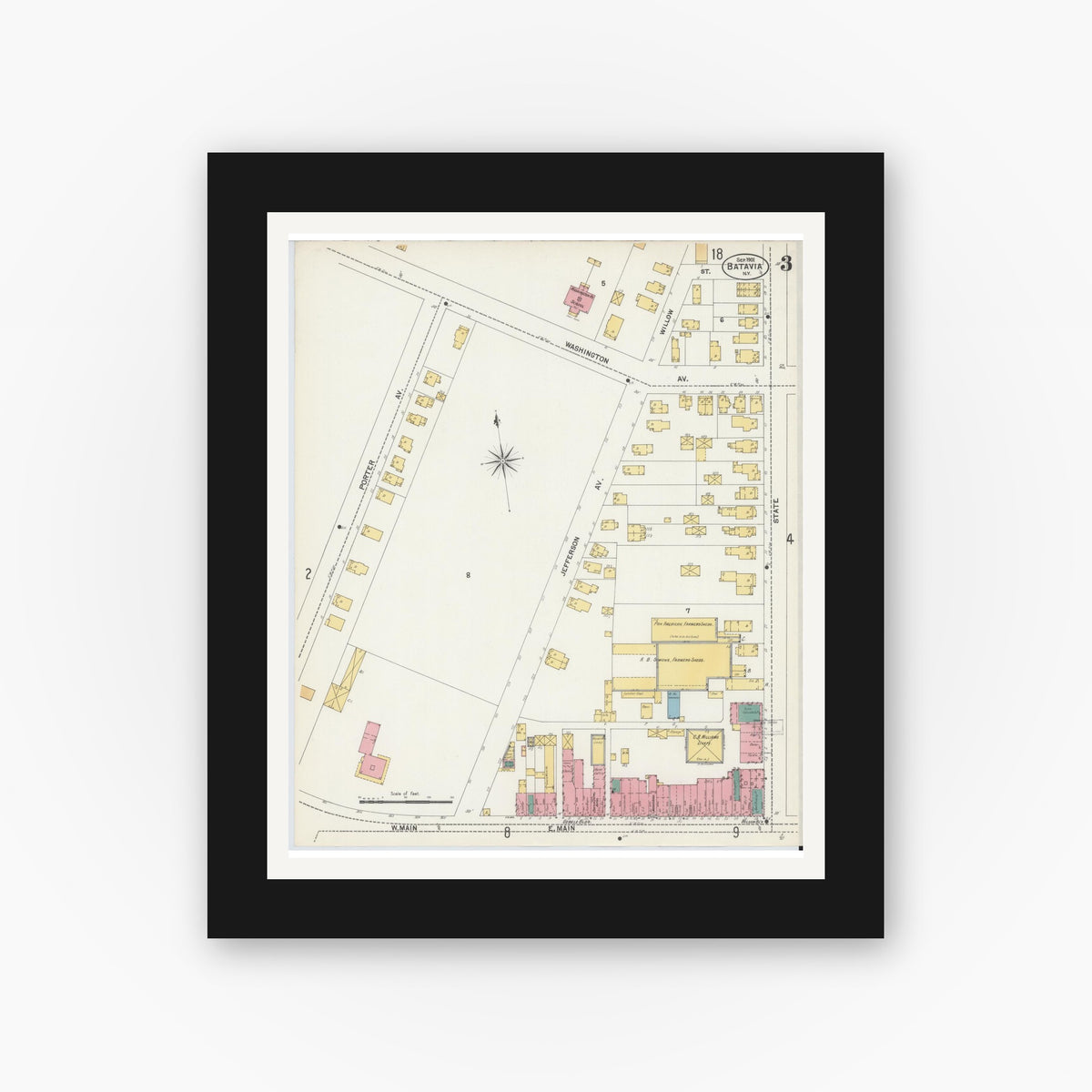 Old map wall art mockup — black gallery frame with white mat — Sanborn Fire Insurance Map from Batavia, Genesee County, New York (1901), Sheet #0003