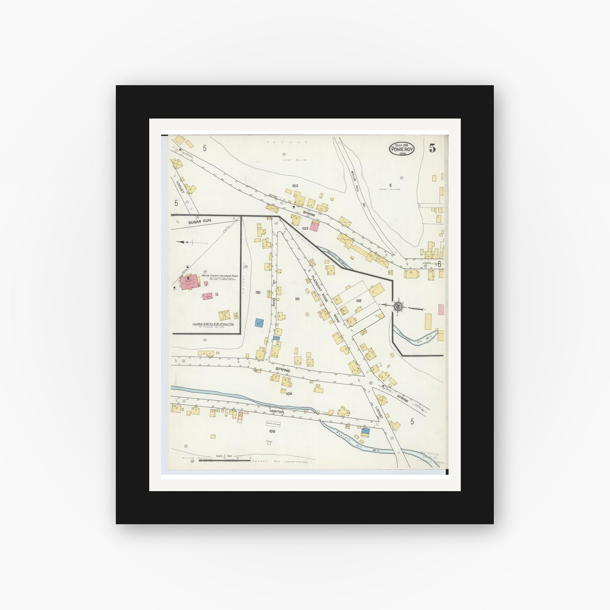 Old map wall art mockup — black gallery frame with white mat — Sanborn Fire Insurance Map from Pomeroy, Meigs County, Ohio (1916), Sheet #0005