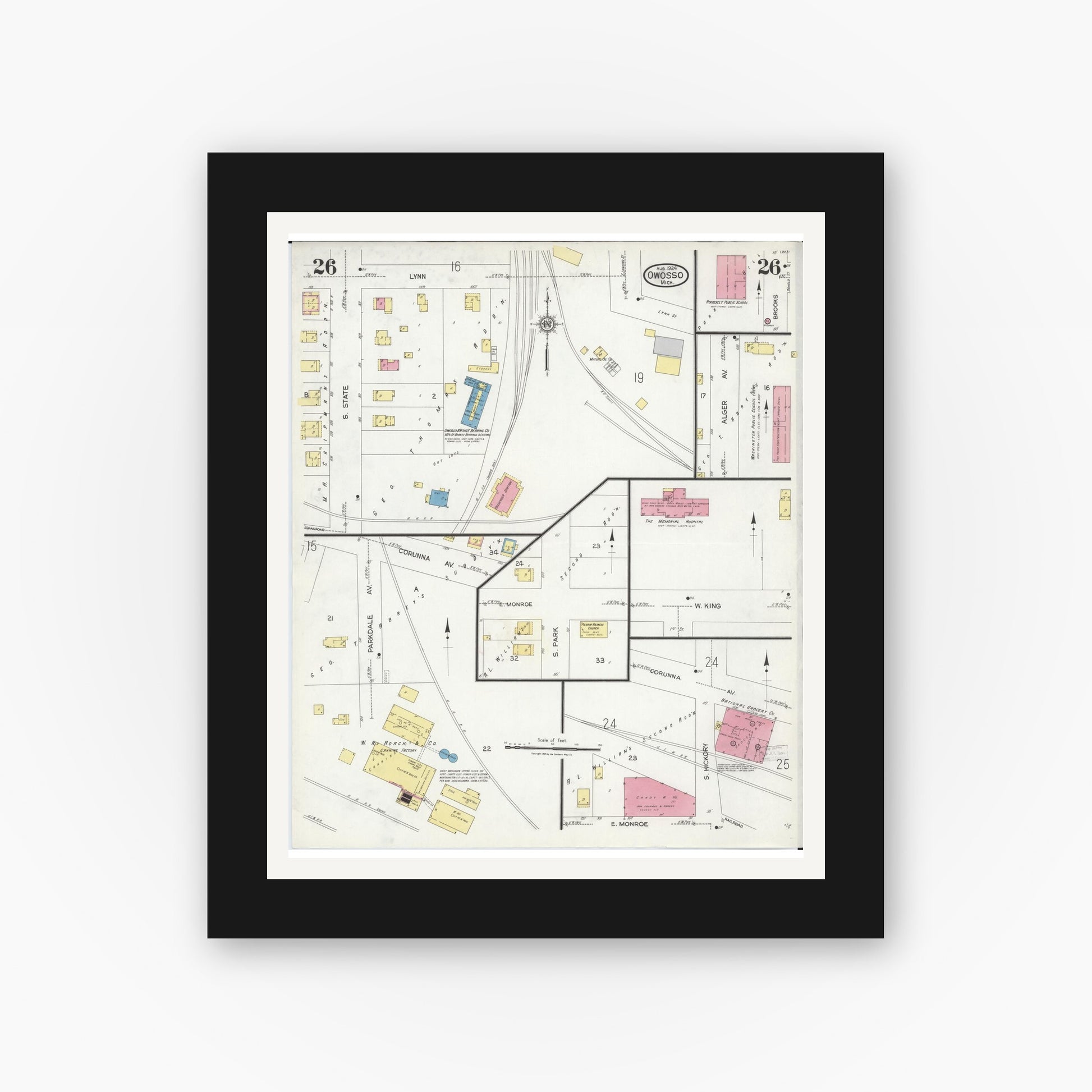 Old map wall art mockup — black gallery frame with white mat — Sanborn Fire Insurance Map from Owosso, Shiawassee County, Michigan (1924), Sheet #0026