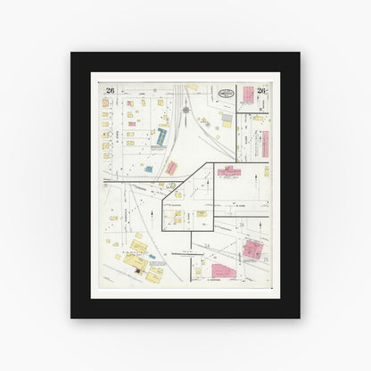Old map wall art mockup — black gallery frame with white mat — Sanborn Fire Insurance Map from Owosso, Shiawassee County, Michigan (1924), Sheet #0026