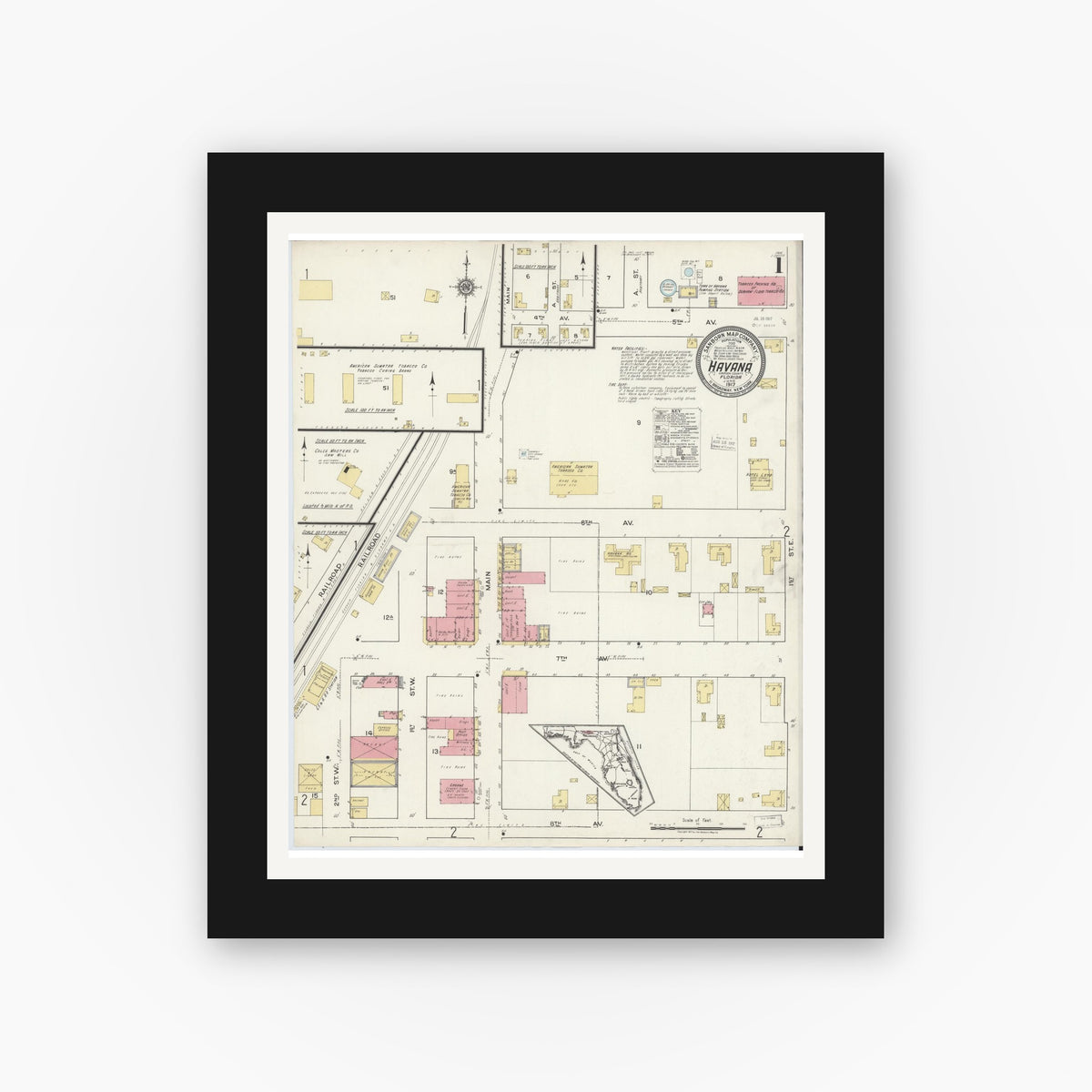 Old map wall art mockup — black gallery frame with white mat — Sanborn Fire Insurance Map from Havana, Gadsden County, Florida (1917), Sheet #0001