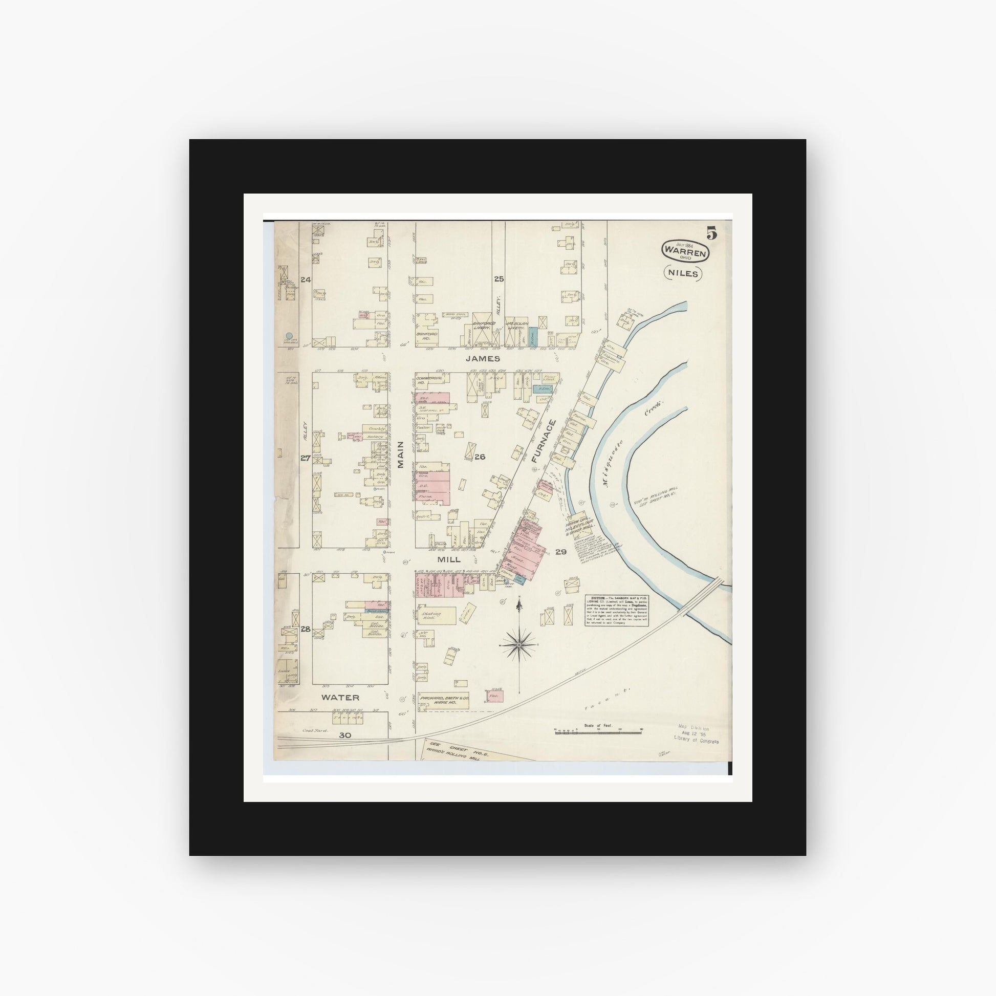 Old map wall art mockup — black gallery frame with white mat — Sanborn Fire Insurance Map from Warren, Trumbull County, Ohio (1884), Sheet #0005