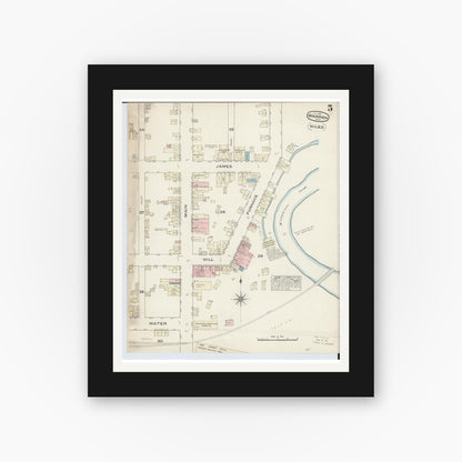 Old map wall art mockup — black gallery frame with white mat — Sanborn Fire Insurance Map from Warren, Trumbull County, Ohio (1884), Sheet #0005