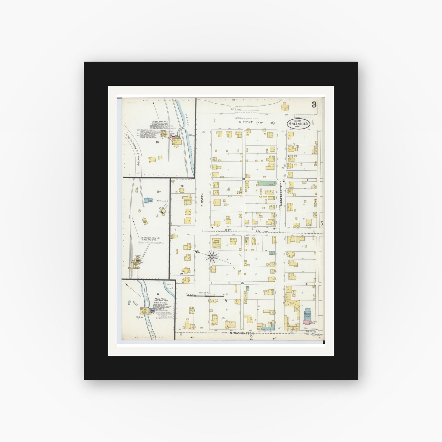 Old map wall art mockup — black gallery frame with white mat — Sanborn Fire Insurance Map from Greenfield, Highland County, Ohio (1899), Sheet #0003