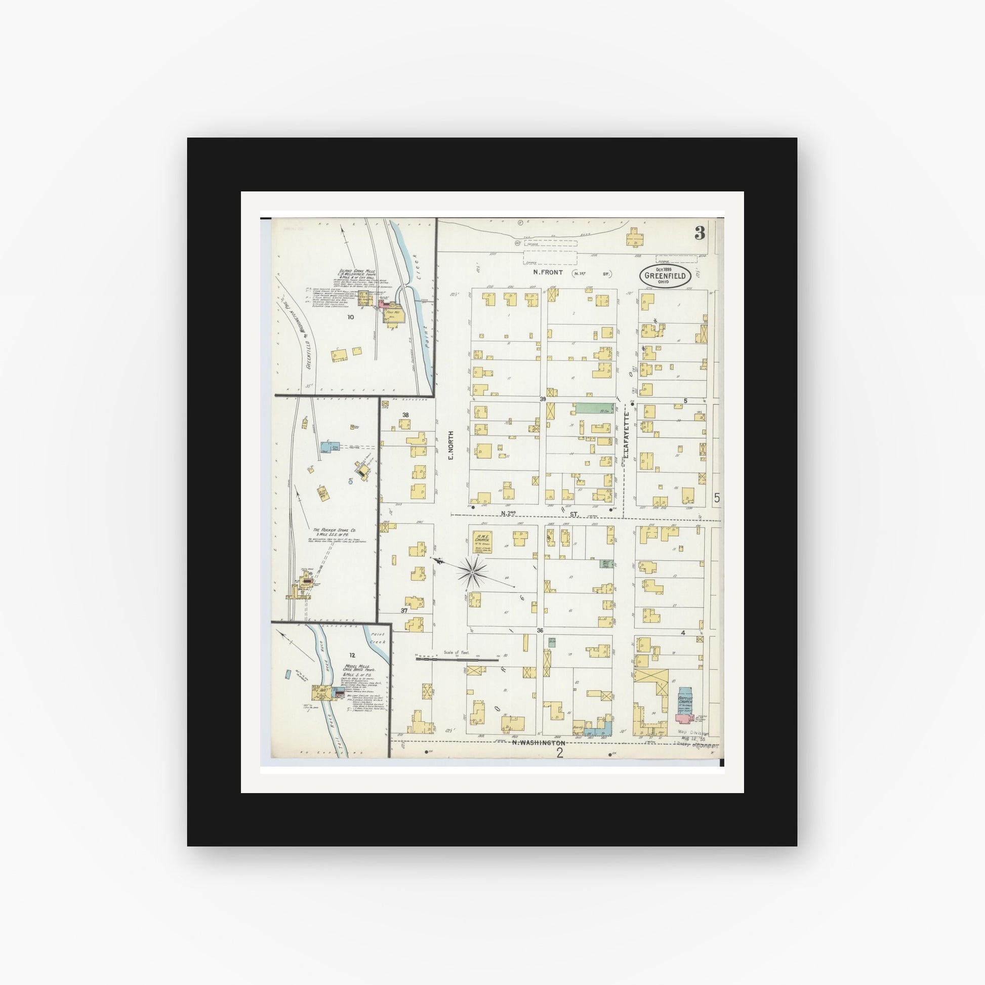 Old map wall art mockup — black gallery frame with white mat — Sanborn Fire Insurance Map from Greenfield, Highland County, Ohio (1899), Sheet #0003