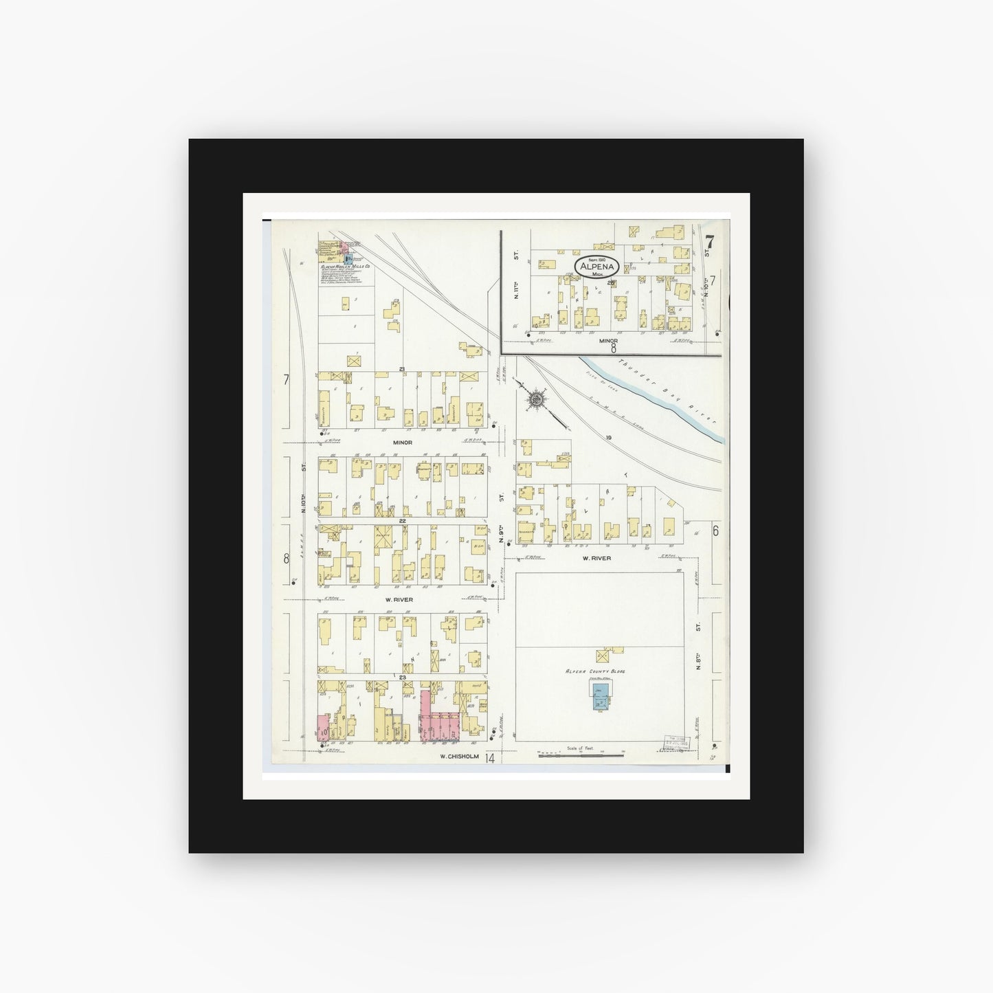 Old map wall art mockup — black gallery frame with white mat — Sanborn Fire Insurance Map from Alpena, Alpena County, Michigan (1910), Sheet #0007