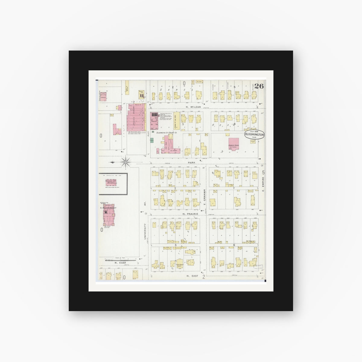 Old map wall art mockup — black gallery frame with white mat — Sanborn Fire Insurance Map from Bloomington, McLean County, Illinois (1896), Sheet #0026