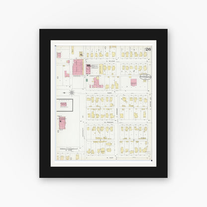 Old map wall art mockup — black gallery frame with white mat — Sanborn Fire Insurance Map from Bloomington, McLean County, Illinois (1896), Sheet #0026