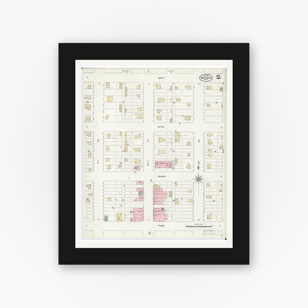 Old map wall art mockup — black gallery frame with white mat — Sanborn Fire Insurance Map from Madison, Lac Qui Parle County, Minnesota (1906), Sheet #0002
