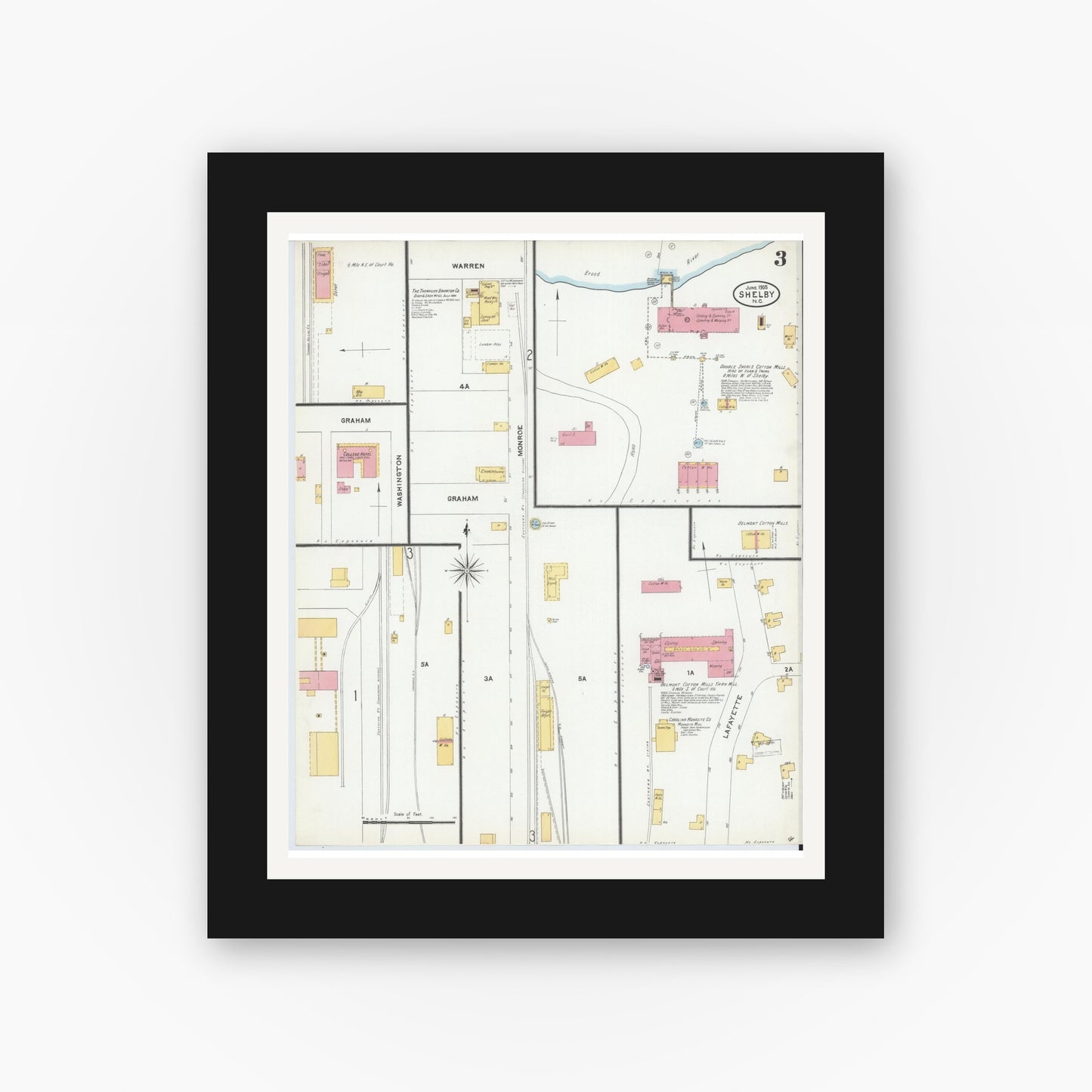 Old map wall art mockup — black gallery frame with white mat — Sanborn Fire Insurance Map from Shelby, Cleveland County, North Carolina (1905), Sheet #0003