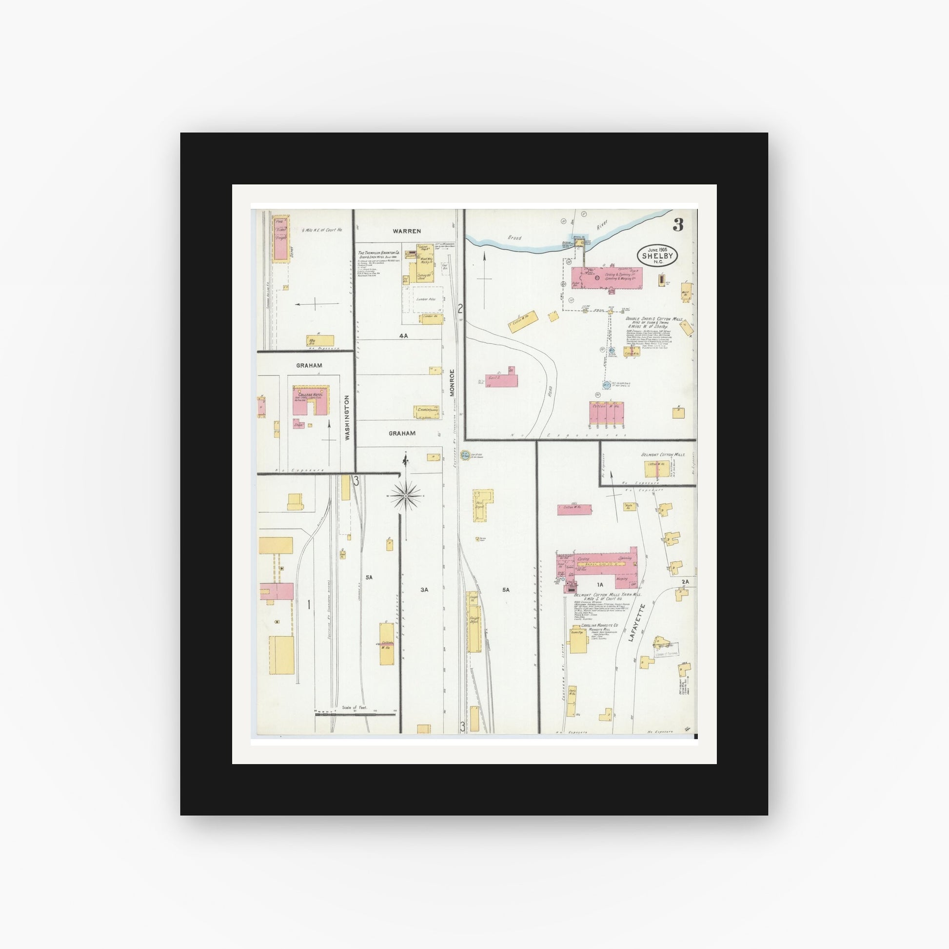 Old map wall art mockup — black gallery frame with white mat — Sanborn Fire Insurance Map from Shelby, Cleveland County, North Carolina (1905), Sheet #0003