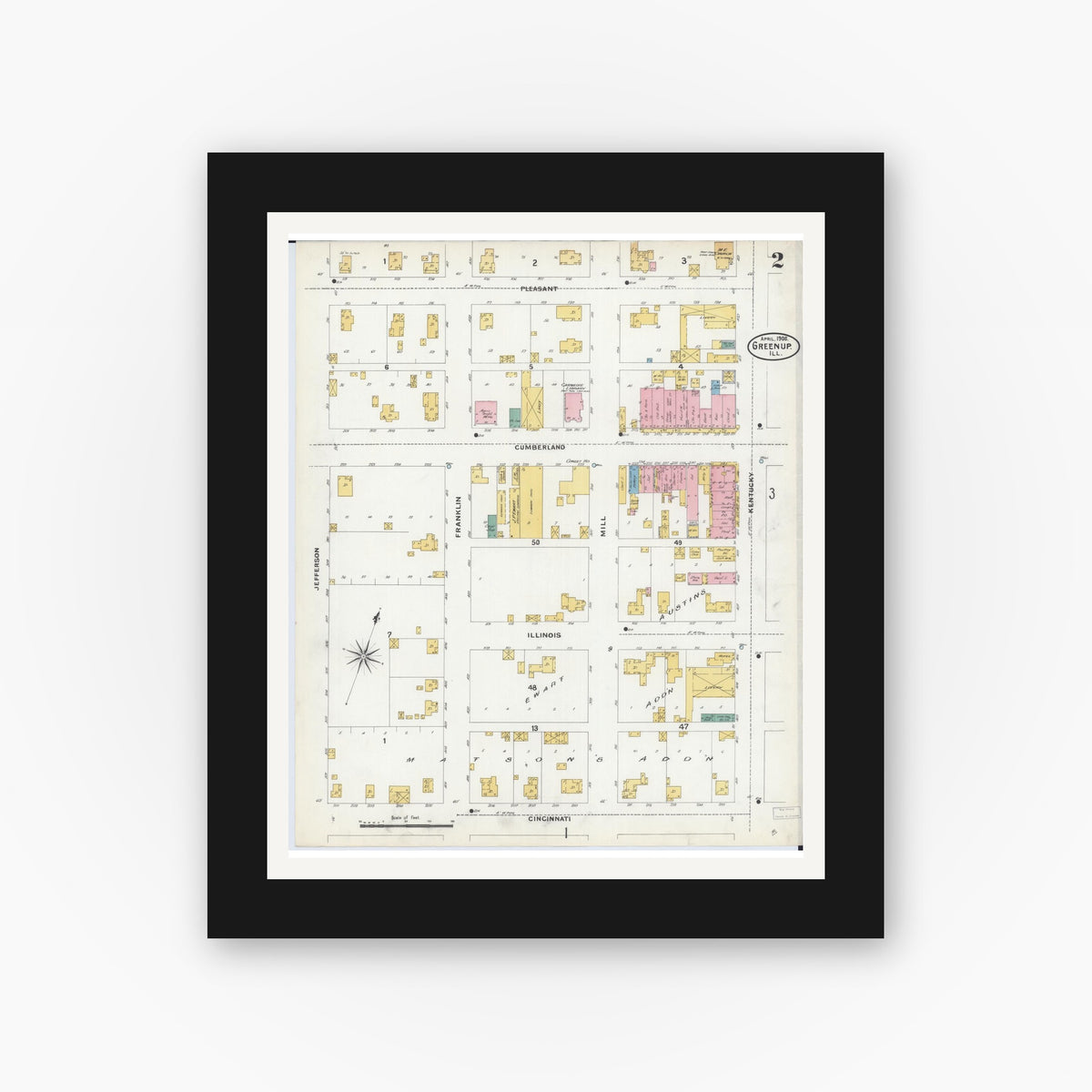 Old map wall art mockup — black gallery frame with white mat — Sanborn Fire Insurance Map from Greenup, Cumberland County, Illinois (1906), Sheet #0002