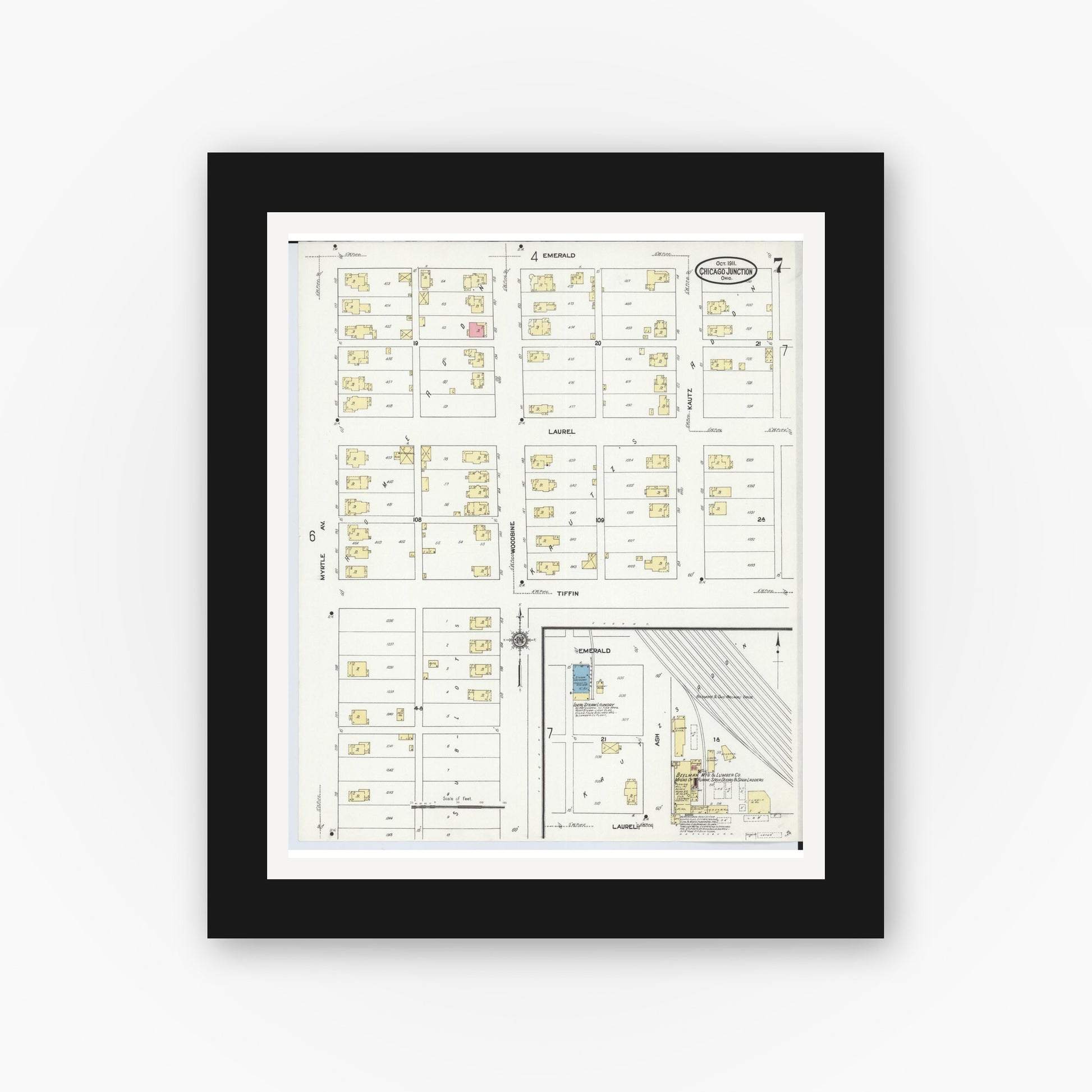 Old map wall art mockup — black gallery frame with white mat — Sanborn Fire Insurance Map from Chicago Junction, Huron County, Ohio (1911), Sheet #0007