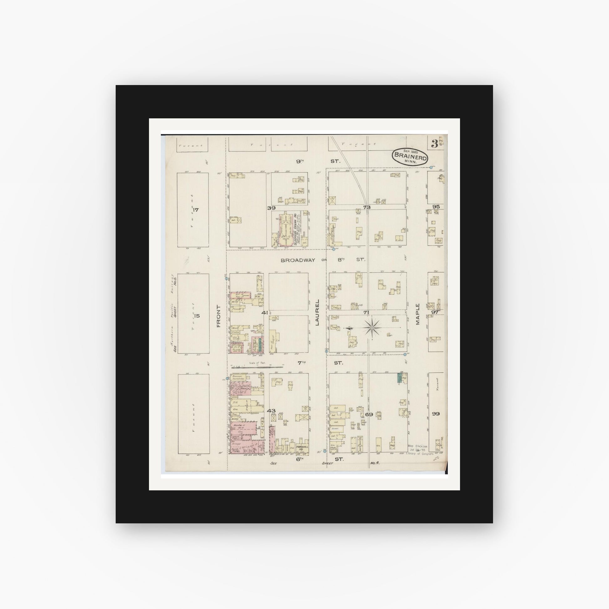 Old map wall art mockup — black gallery frame with white mat — Sanborn Fire Insurance Map from Brainerd, Crow Wing County, Minnesota (1885), Sheet #0003