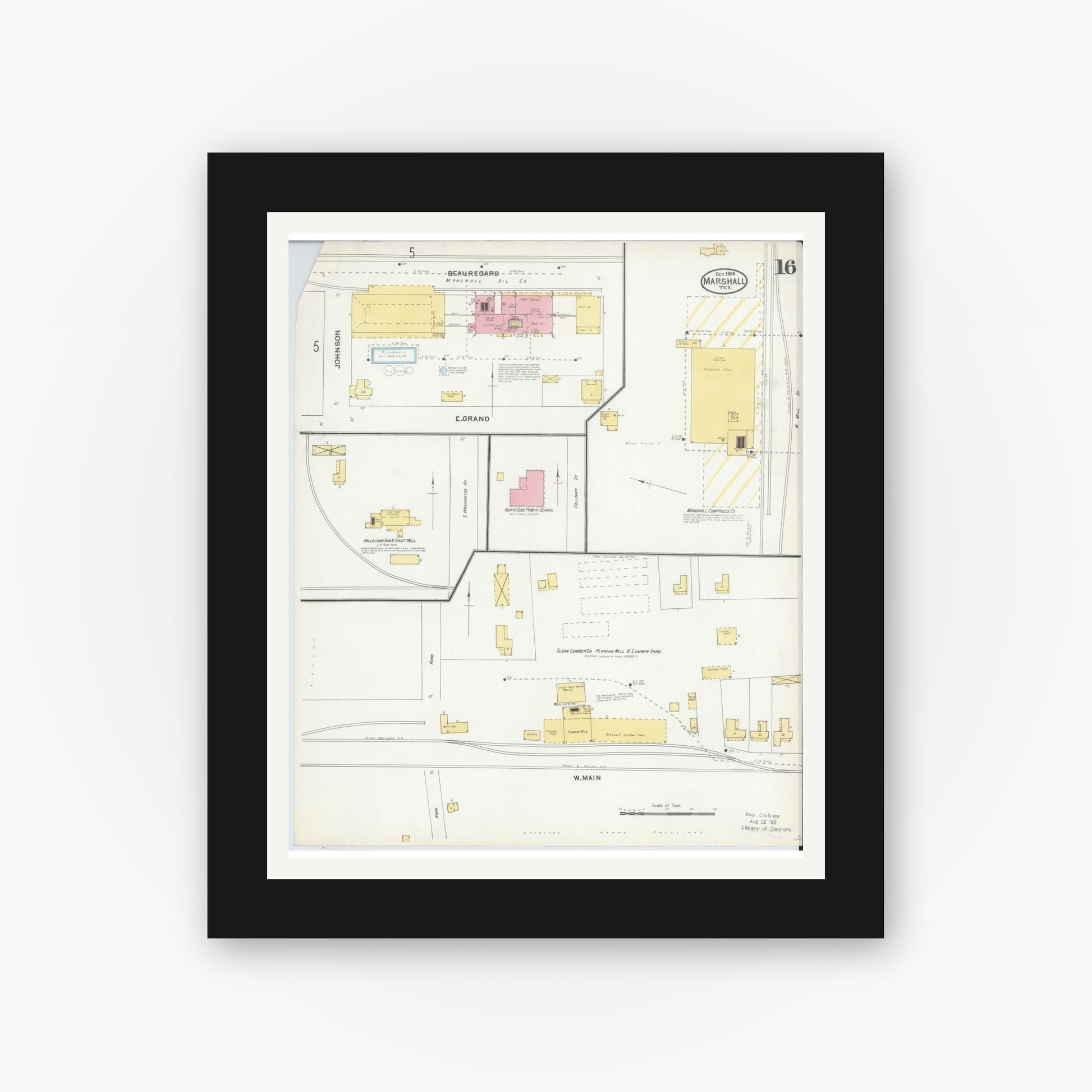 Old map wall art mockup — black gallery frame with white mat — Sanborn Fire Insurance Map from Marshall, Harrison County, Texas (1904), Sheet #0016