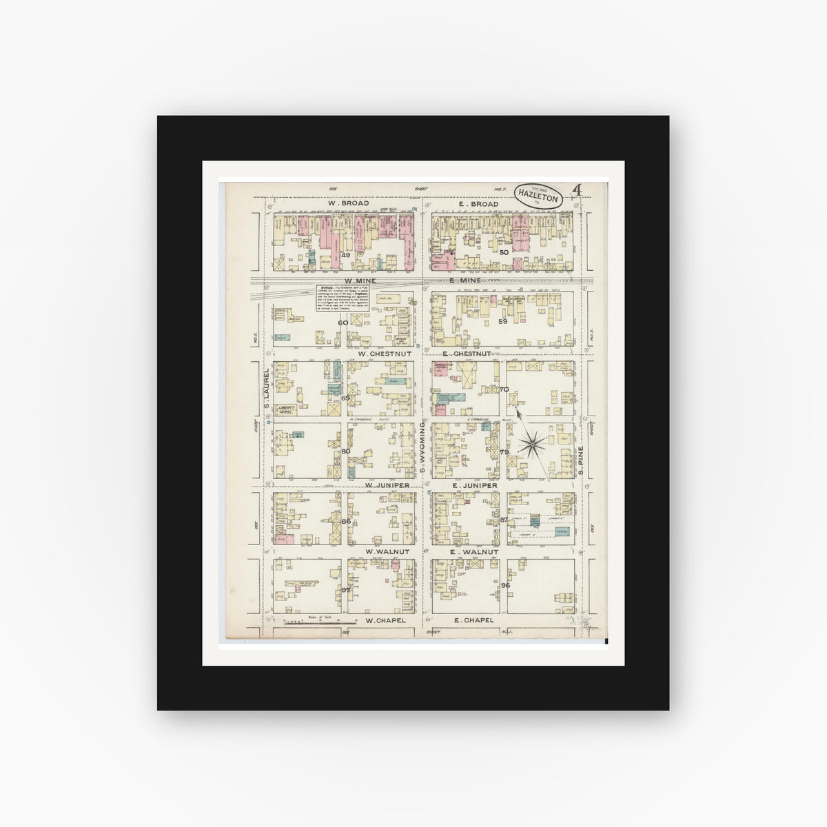 Old map wall art mockup — black gallery frame with white mat — Sanborn Fire Insurance Map from Hazleton, Luzerne County, Pennsylvania (1884), Sheet #0004