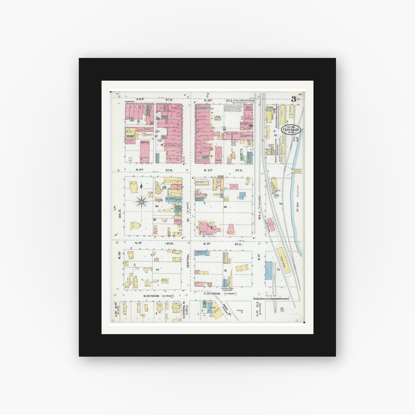 Old map wall art mockup — black gallery frame with white mat — Sanborn Fire Insurance Map from Faribault, Rice County, Minnesota (1905), Sheet #0003