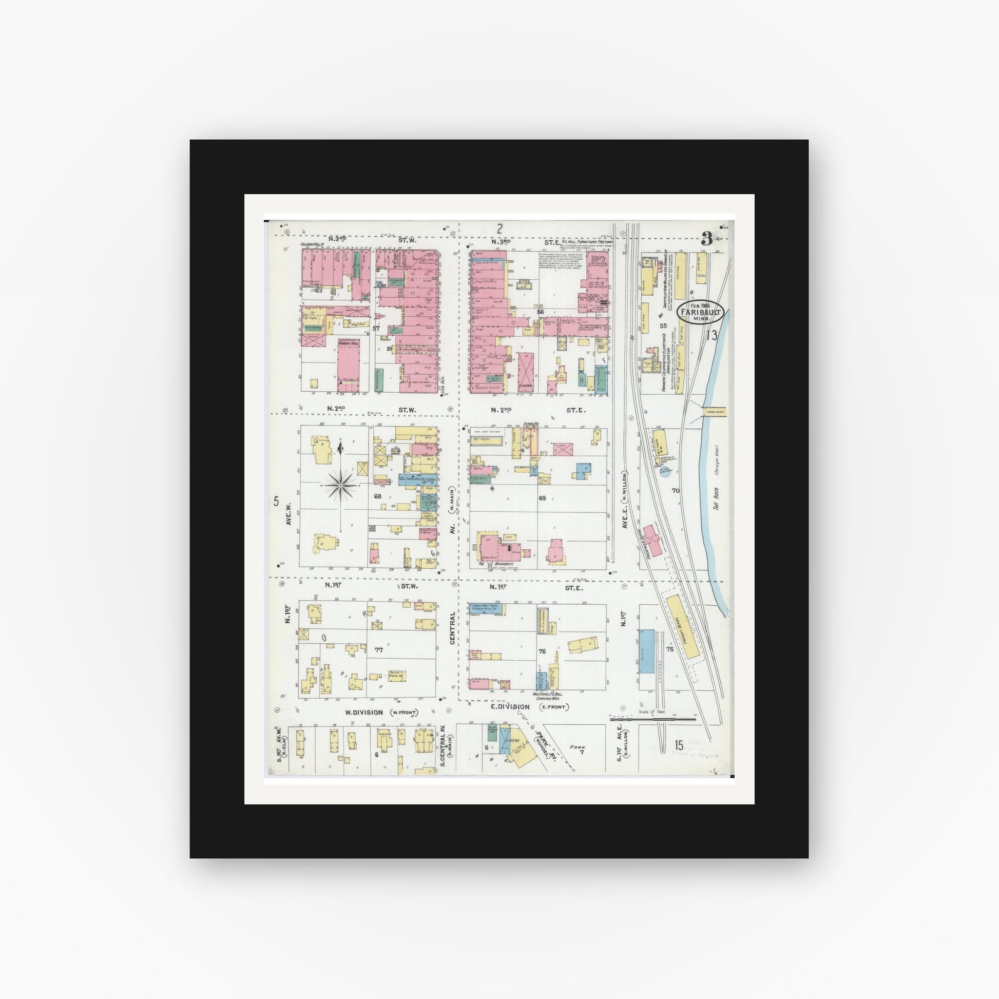 Old map wall art mockup — black gallery frame with white mat — Sanborn Fire Insurance Map from Faribault, Rice County, Minnesota (1905), Sheet #0003