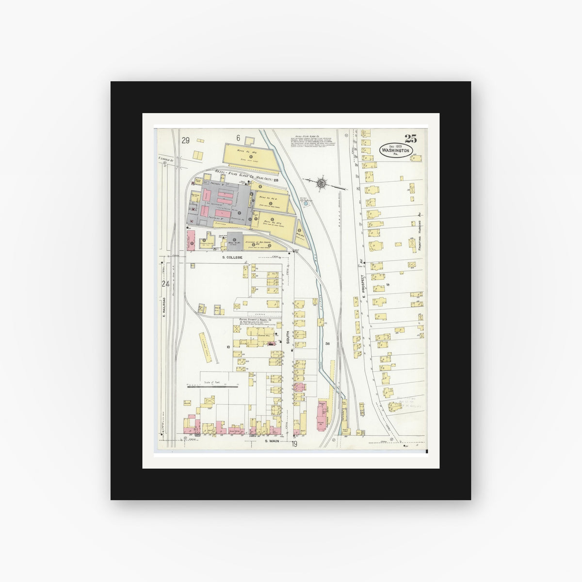 Old map wall art mockup — black gallery frame with white mat — Sanborn Fire Insurance Map from Washington, Washington County, Pennsylvania (1909), Sheet #0025