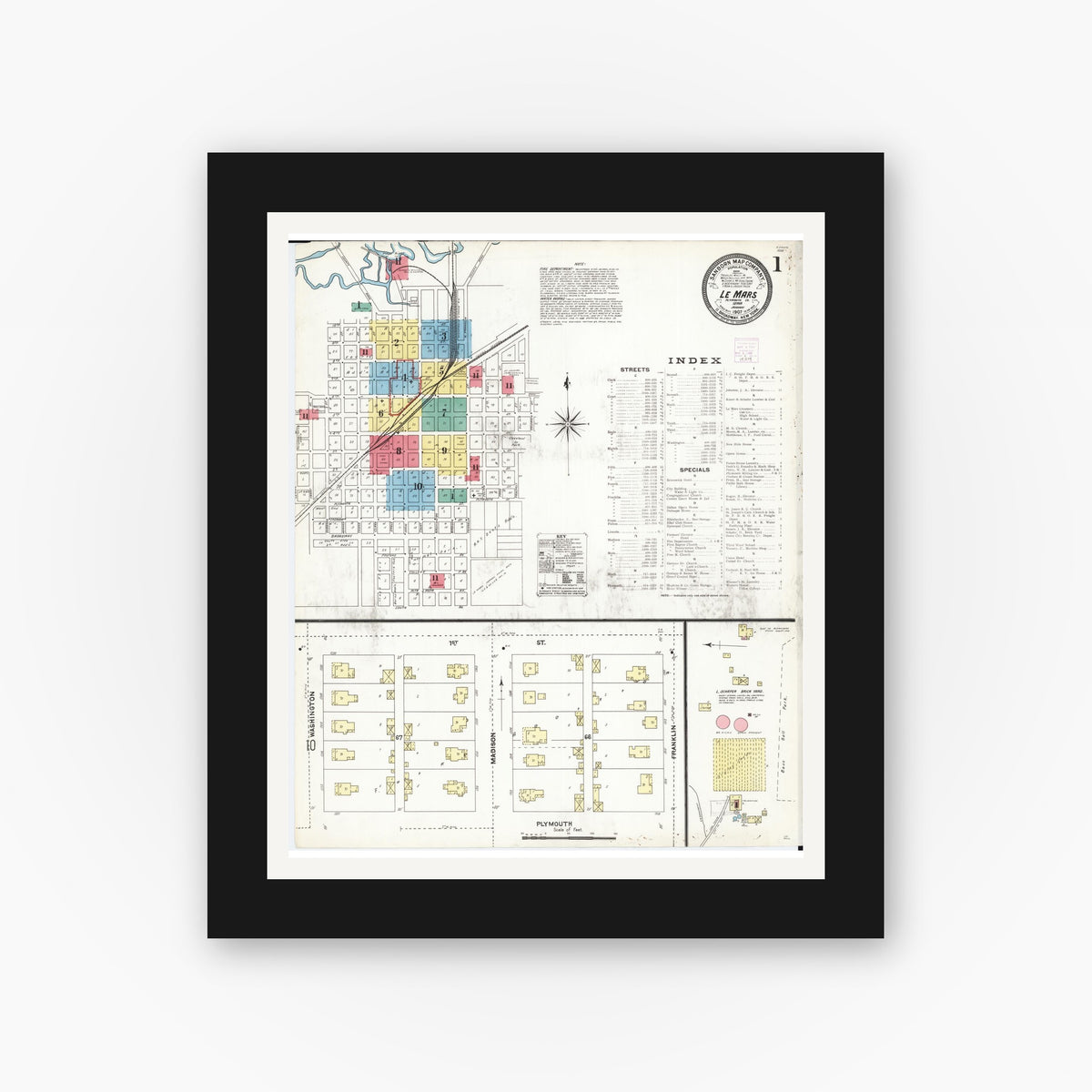 Old map wall art mockup — black gallery frame with white mat — Sanborn Fire Insurance Map from Le Mars, Plymouth County, Iowa (1907) â€” Complete Set