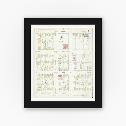 Old map wall art mockup — black gallery frame with white mat — Sanborn Fire Insurance Map from Cadillac, Wexford County, Michigan (1914), Sheet #0009