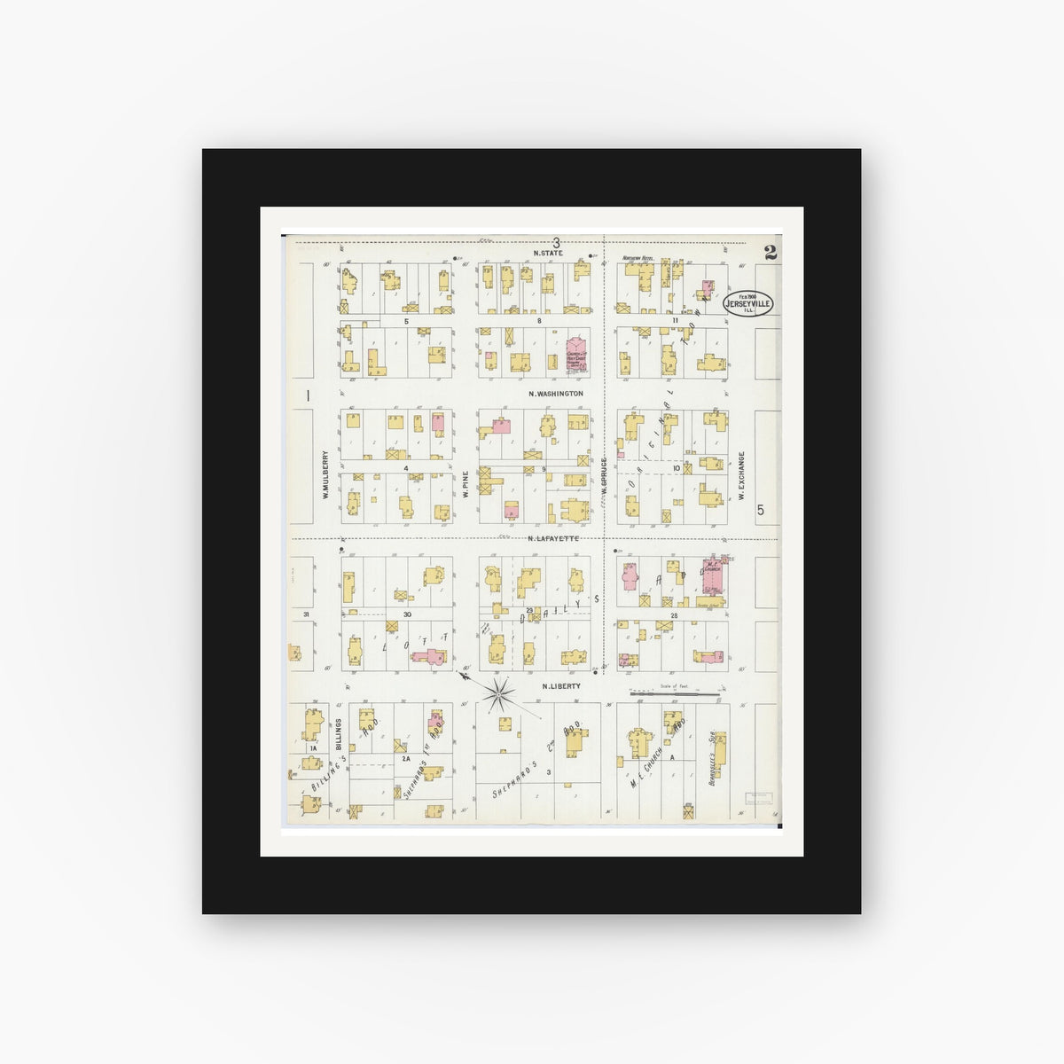 Old map wall art mockup — black gallery frame with white mat — Sanborn Fire Insurance Map from Jerseyville, Jersey County, Illinois (1900), Sheet #0002