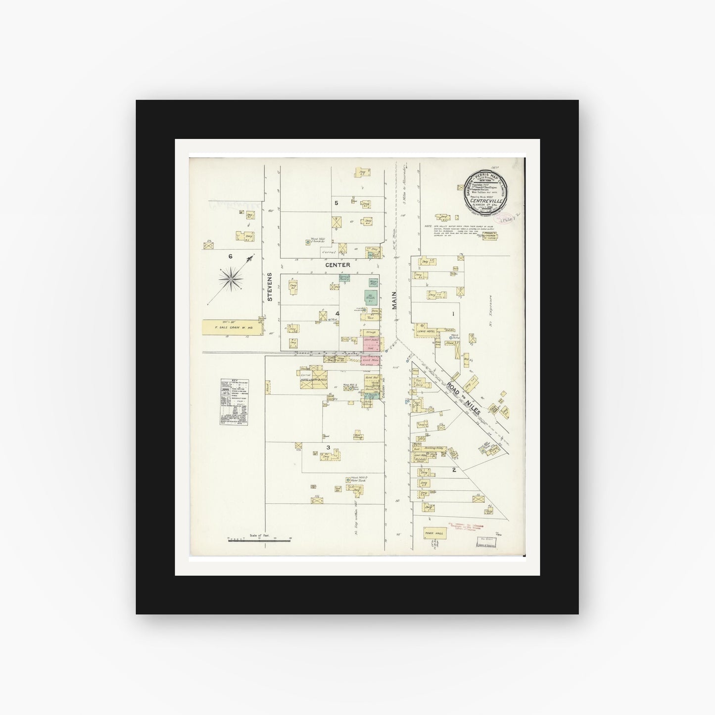 Old map wall art mockup — black gallery frame with white mat — Sanborn Fire Insurance Map from Centerville, Alameda County, California (1890), Sheet #0001