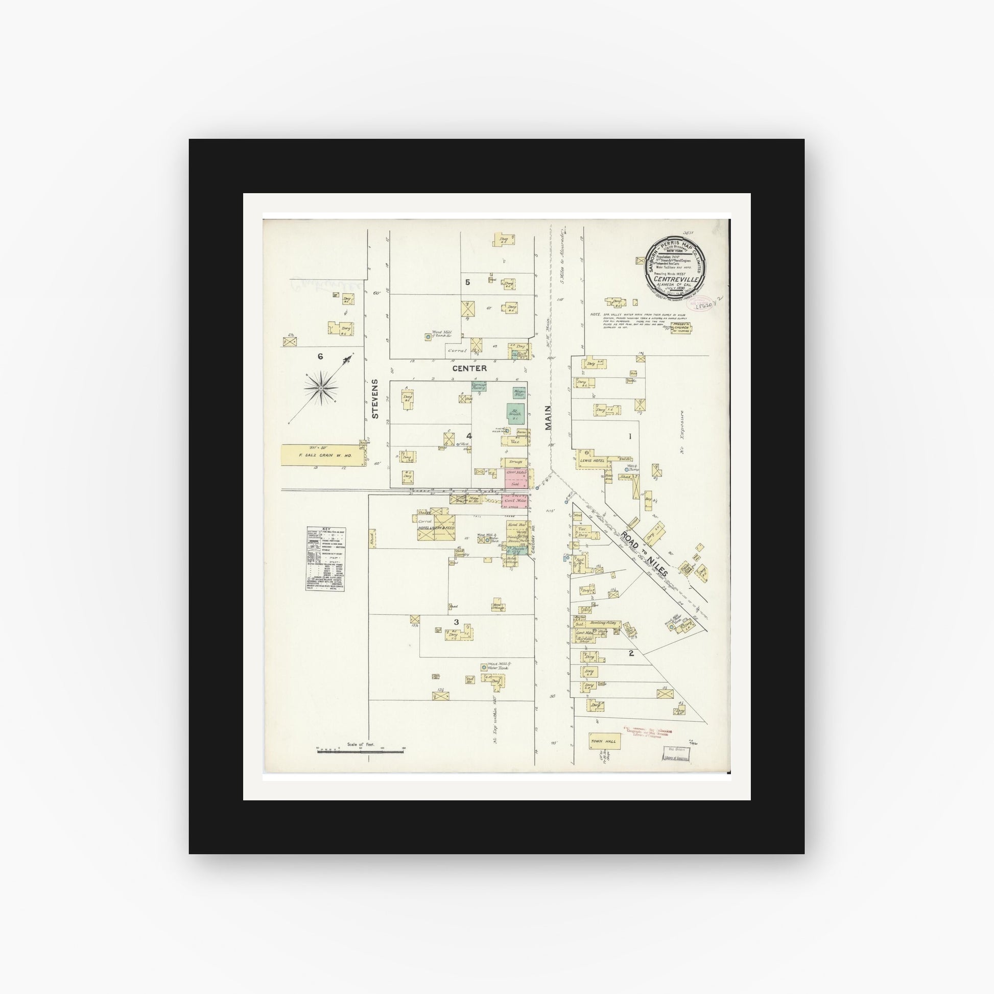 Old map wall art mockup — black gallery frame with white mat — Sanborn Fire Insurance Map from Centerville, Alameda County, California (1890), Sheet #0001
