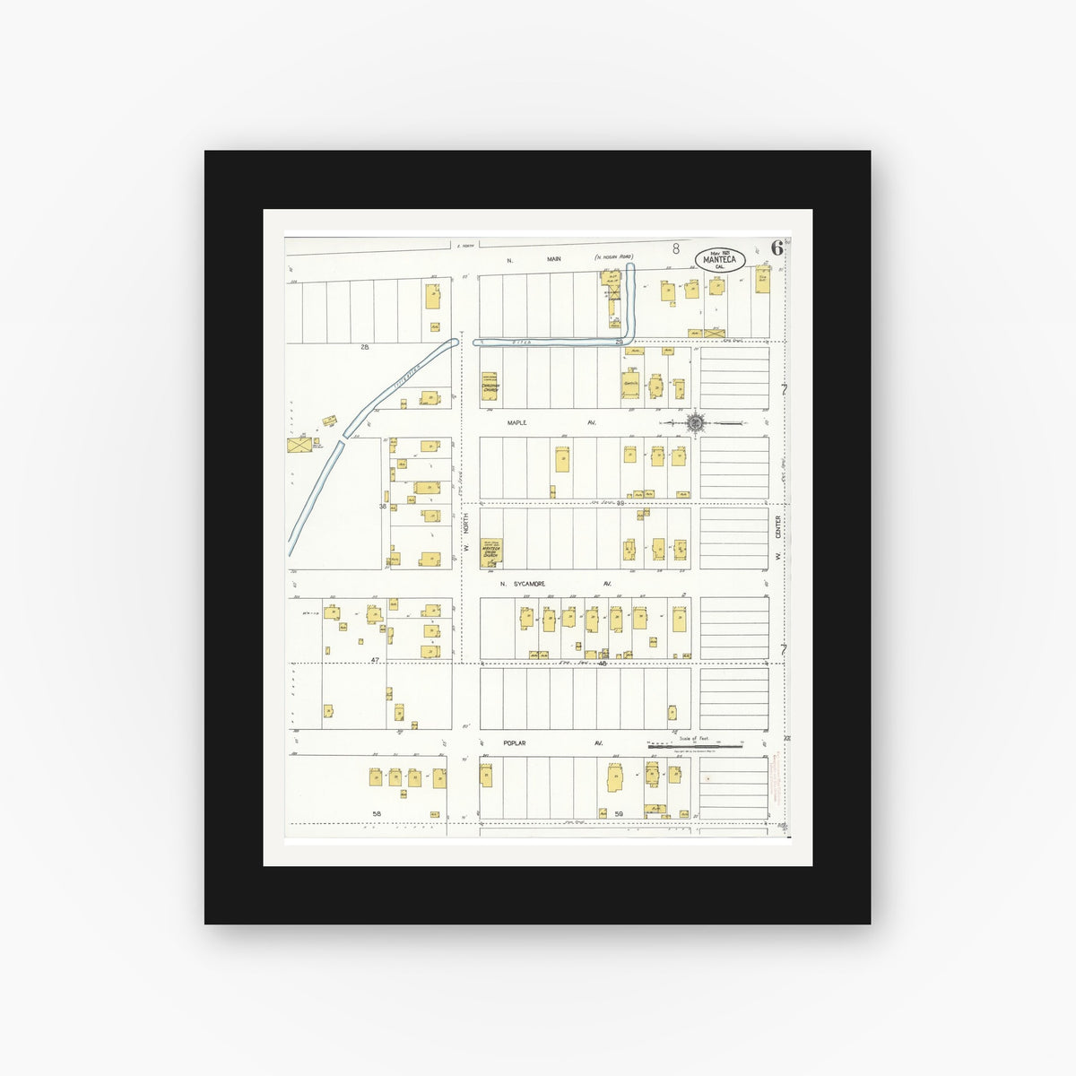 Old map wall art mockup — black gallery frame with white mat — Sanborn Fire Insurance Map from Manteca, San Joaquin County, California (1921), Sheet #0006
