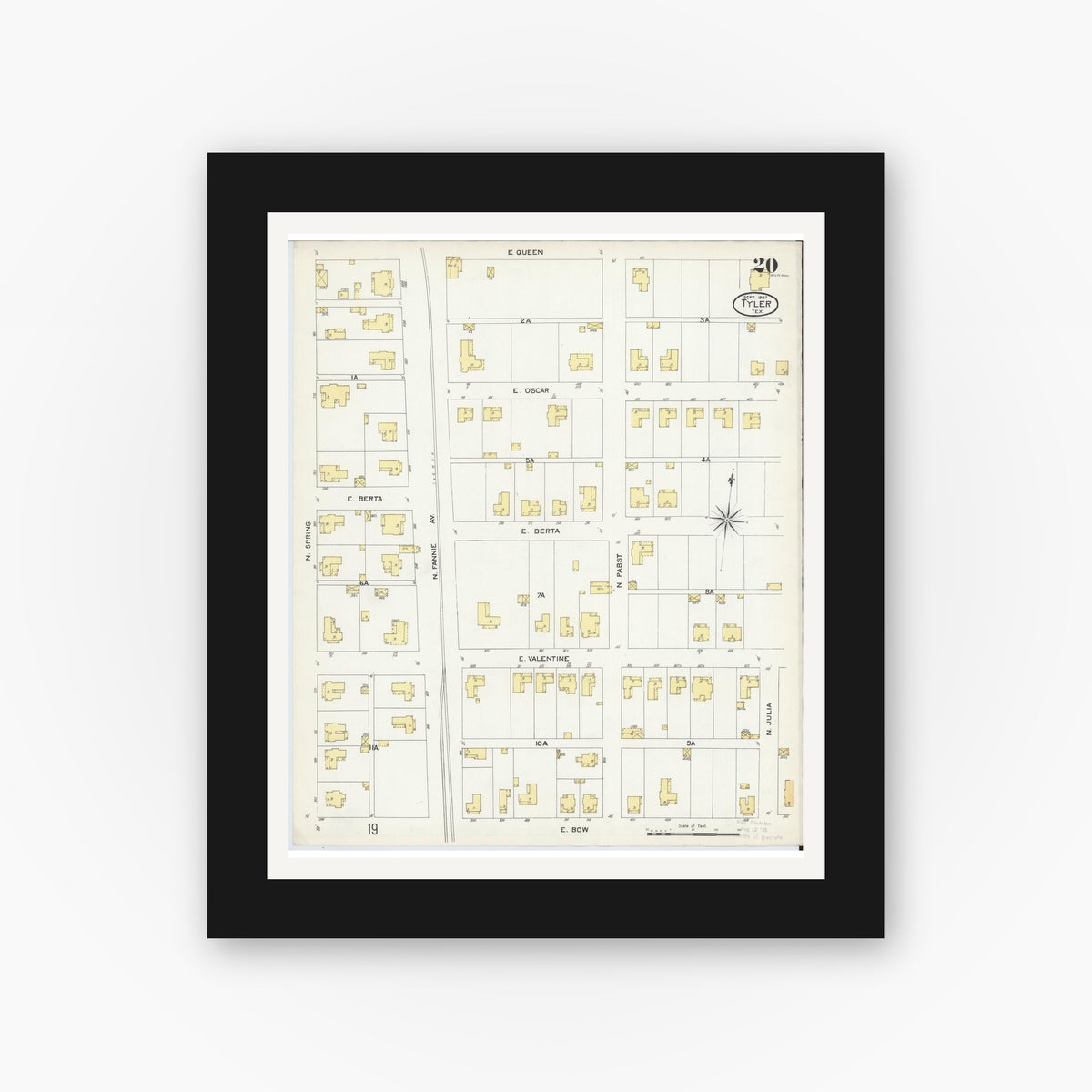 Old map wall art mockup — black gallery frame with white mat — Sanborn Fire Insurance Map from Tyler, Smith County, Texas (1907), Sheet #0020