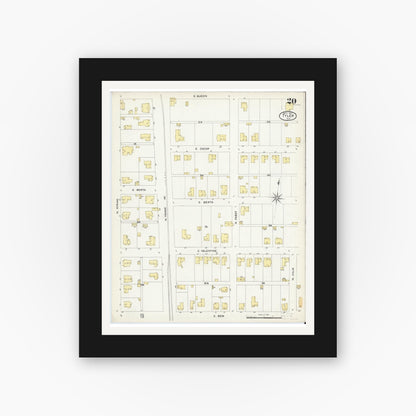 Old map wall art mockup — black gallery frame with white mat — Sanborn Fire Insurance Map from Tyler, Smith County, Texas (1907), Sheet #0020