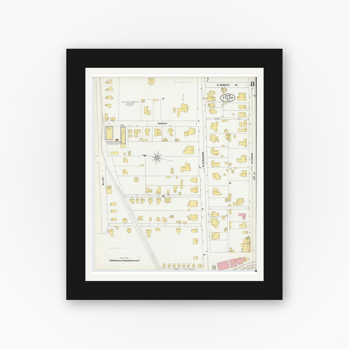 Old map wall art mockup — black gallery frame with white mat — Sanborn Fire Insurance Map from Tyler, Smith County, Texas (1902), Sheet #0008