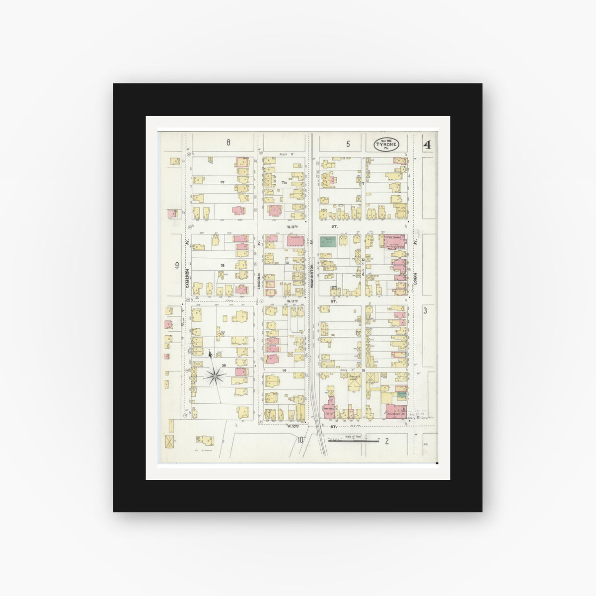 Old map wall art mockup — black gallery frame with white mat — Sanborn Fire Insurance Map from Tyrone, Blair County, Pennsylvania (1906), Sheet #0004