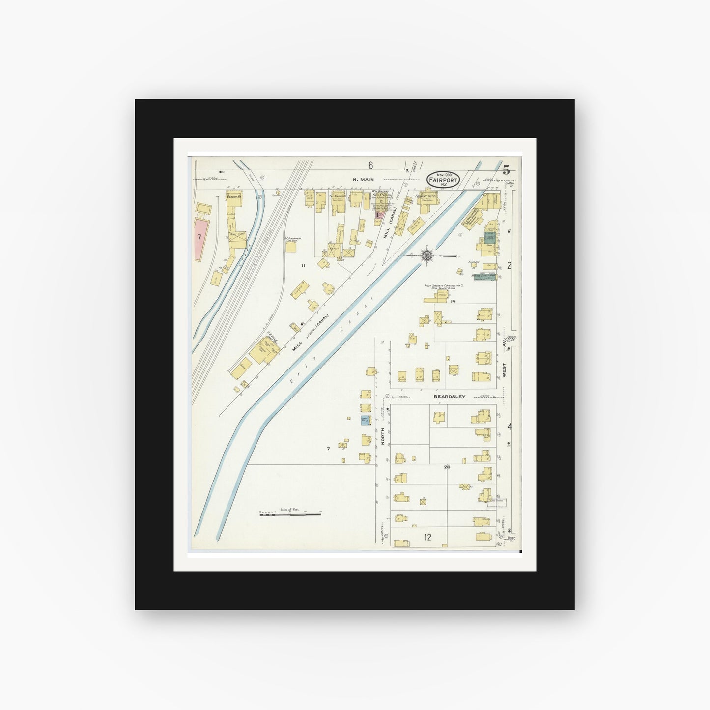 Old map wall art mockup — black gallery frame with white mat — Sanborn Fire Insurance Map from Fairport, Monroe County, New York (1909), Sheet #0005