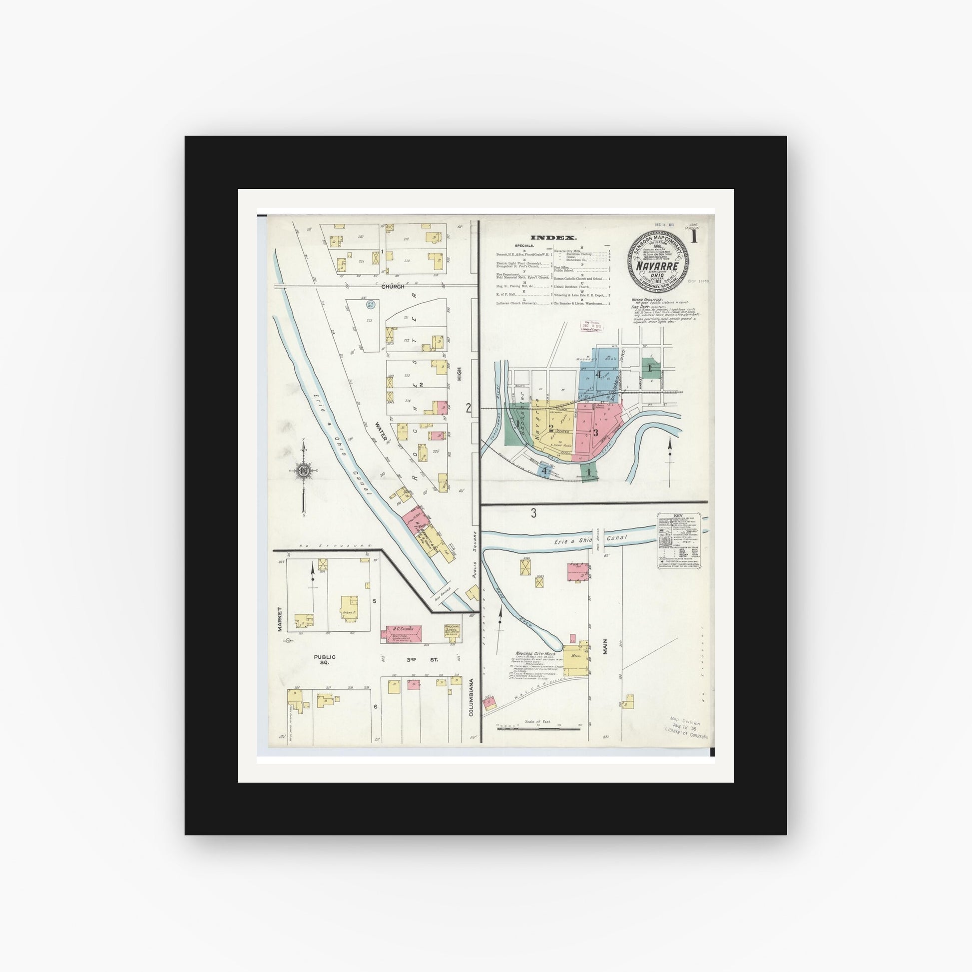 Old map wall art mockup — black gallery frame with white mat — Sanborn Fire Insurance Map from Navarre, Stark County, Ohio (1911), Sheet #0001