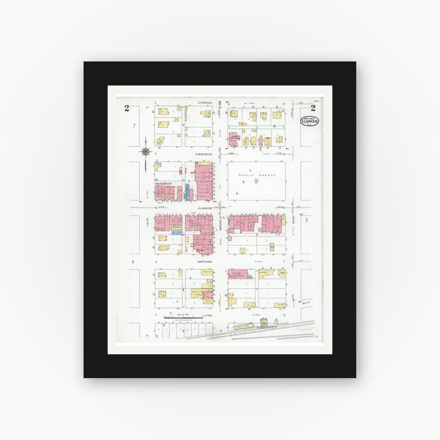 Old map wall art mockup — black gallery frame with white mat — Sanborn Fire Insurance Map from Elmwood, Peoria County, Illinois (1927), Sheet #0002