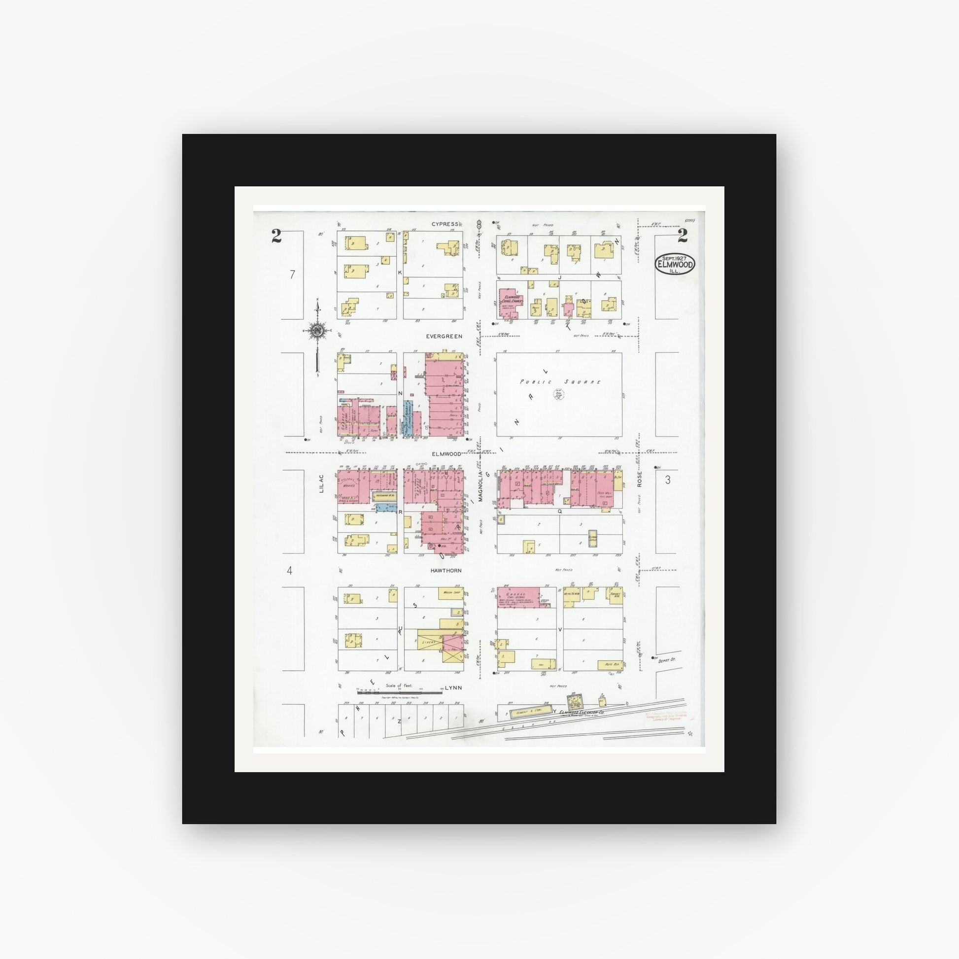 Old map wall art mockup — black gallery frame with white mat — Sanborn Fire Insurance Map from Elmwood, Peoria County, Illinois (1927), Sheet #0002