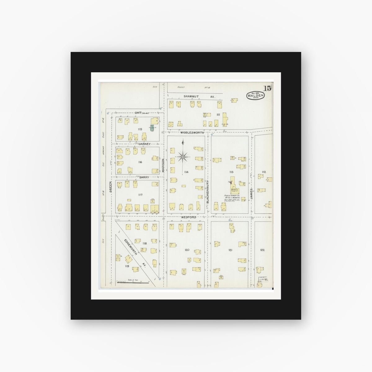 Old map wall art mockup — black gallery frame with white mat — Sanborn Fire Insurance Map from Malden, Middlesex County, Massachusetts (1892), Sheet #0015