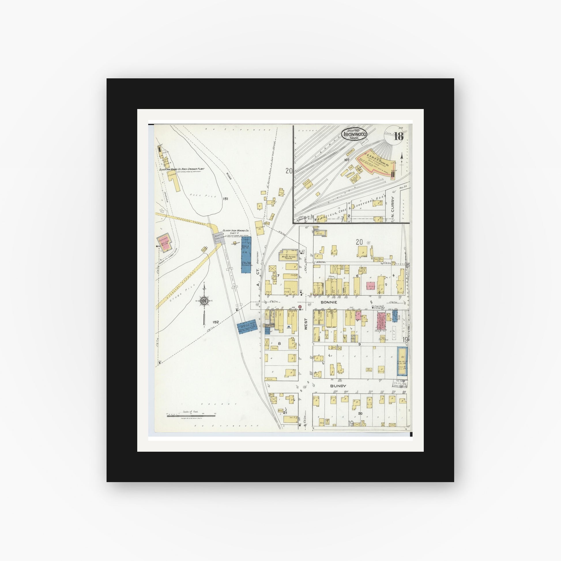 Old map wall art mockup — black gallery frame with white mat — Sanborn Fire Insurance Map from Ironwood, Gogebic County, Michigan (1921), Sheet #0018