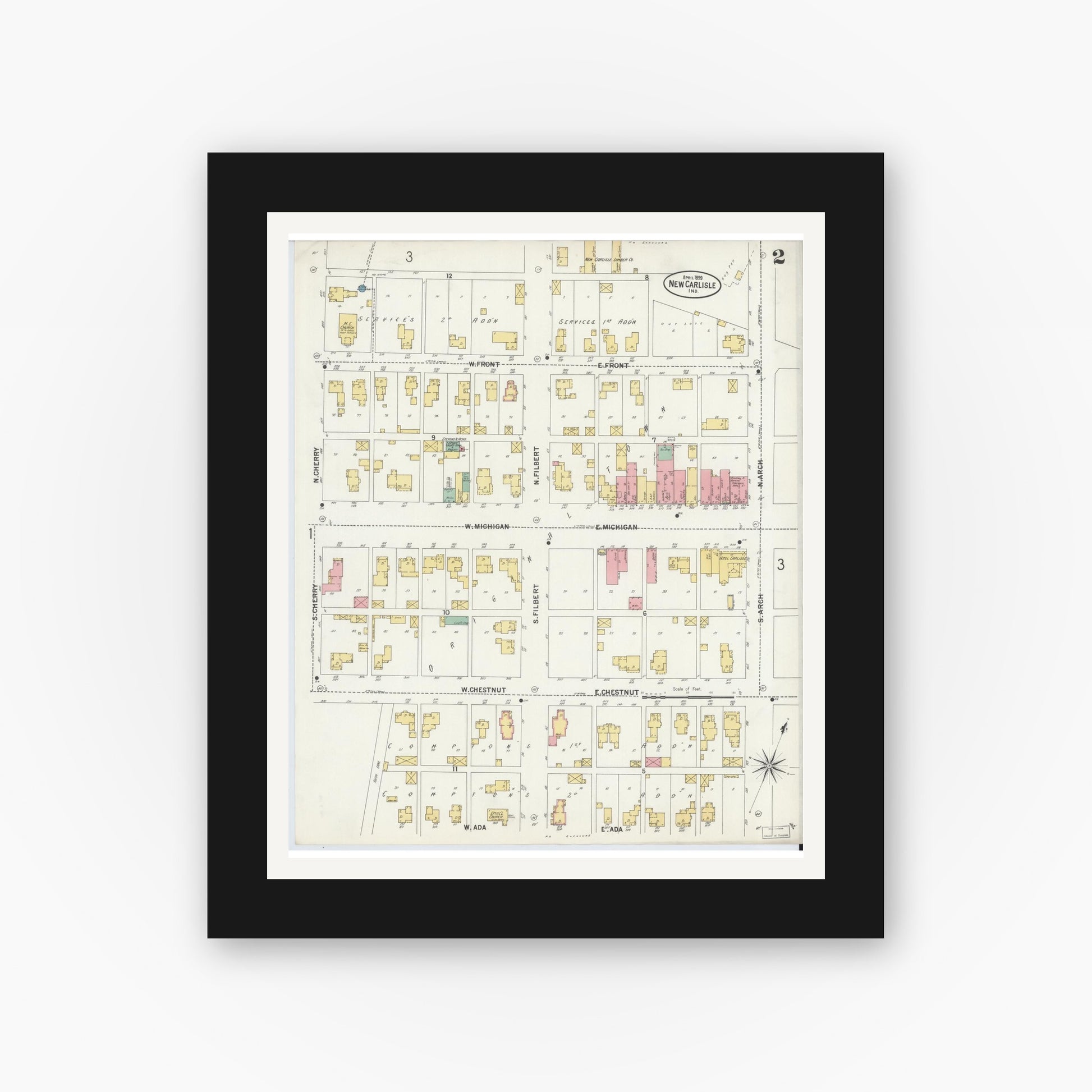 Old map wall art mockup — black gallery frame with white mat — Sanborn Fire Insurance Map from New Carlisle, Saint Joseph County, Indiana (1899), Sheet #0002