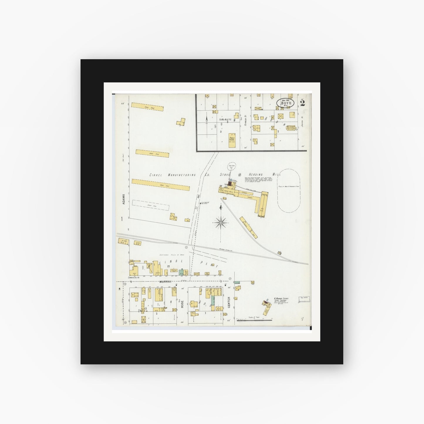 Old map wall art mockup — black gallery frame with white mat — Sanborn Fire Insurance Map from Boyd, Chippewa County, Wisconsin (1900), Sheet #0002