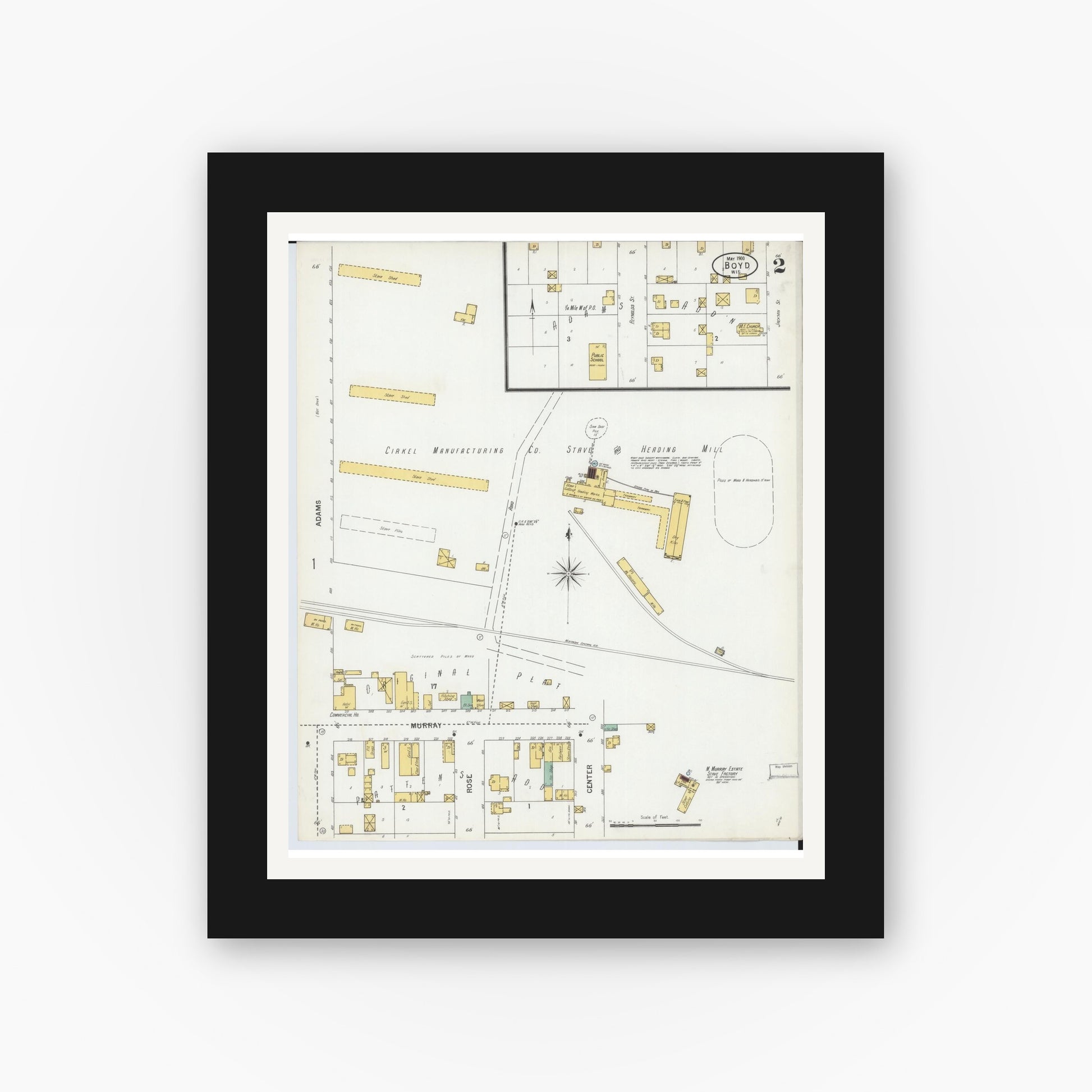 Old map wall art mockup — black gallery frame with white mat — Sanborn Fire Insurance Map from Boyd, Chippewa County, Wisconsin (1900), Sheet #0002