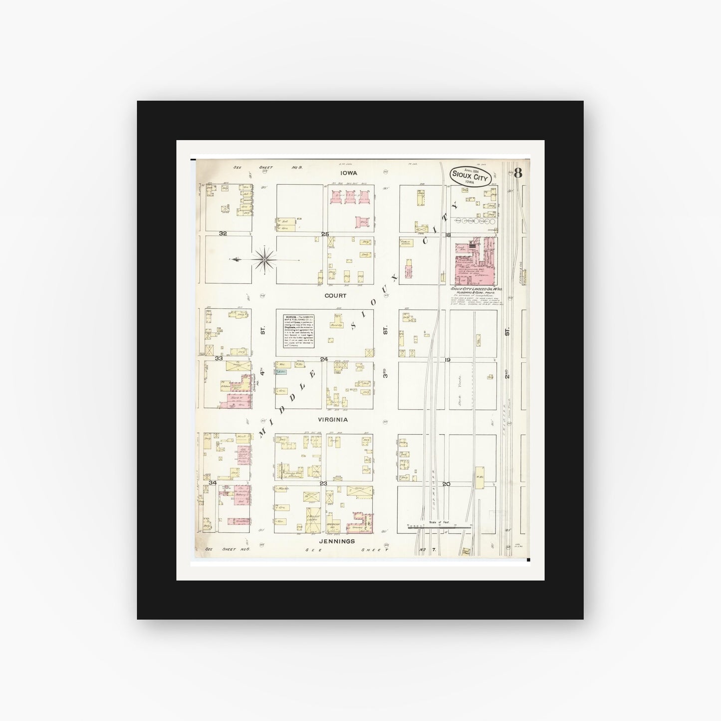Old map wall art mockup — black gallery frame with white mat — Sanborn Fire Insurance Map from Sioux City, Woodbury County, Iowa (1884), Sheet #0008