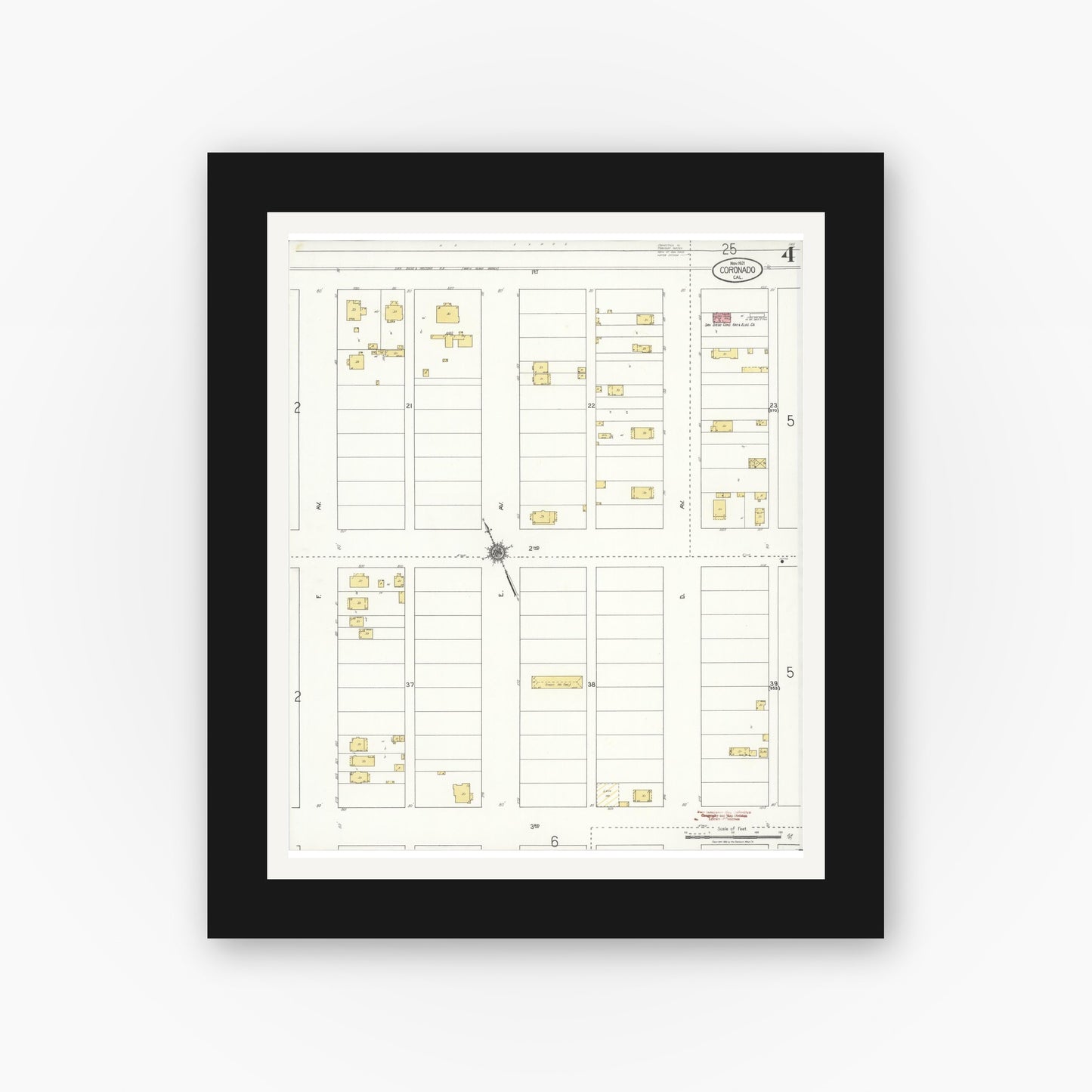 Old map wall art mockup — black gallery frame with white mat — Sanborn Fire Insurance Map from Coronado, San Diego County, California (1921), Sheet #0004