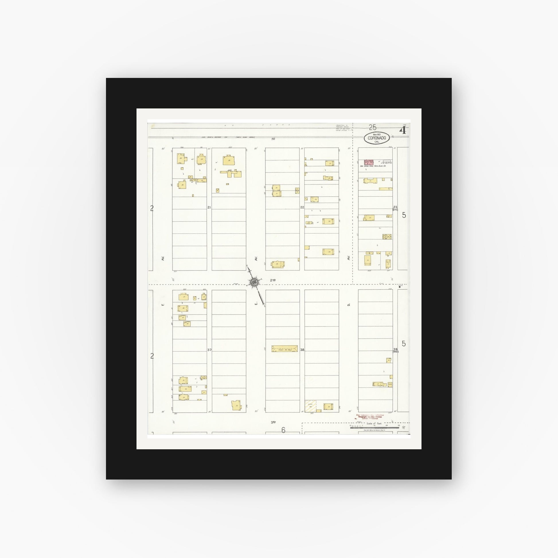 Old map wall art mockup — black gallery frame with white mat — Sanborn Fire Insurance Map from Coronado, San Diego County, California (1921), Sheet #0004