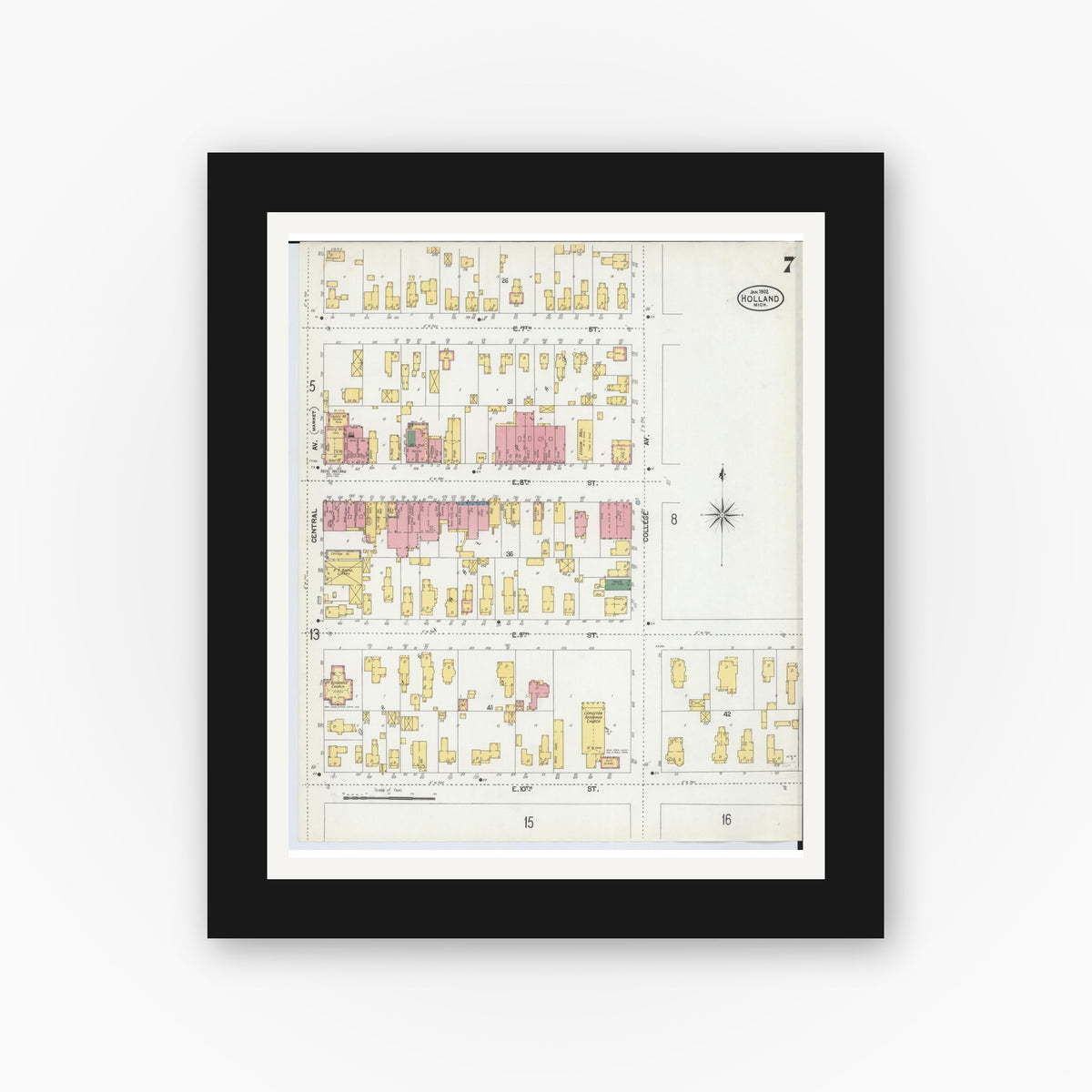 Old map wall art mockup — black gallery frame with white mat — Sanborn Fire Insurance Map from Holland, Ottawa County, Michigan (1902), Sheet #0007