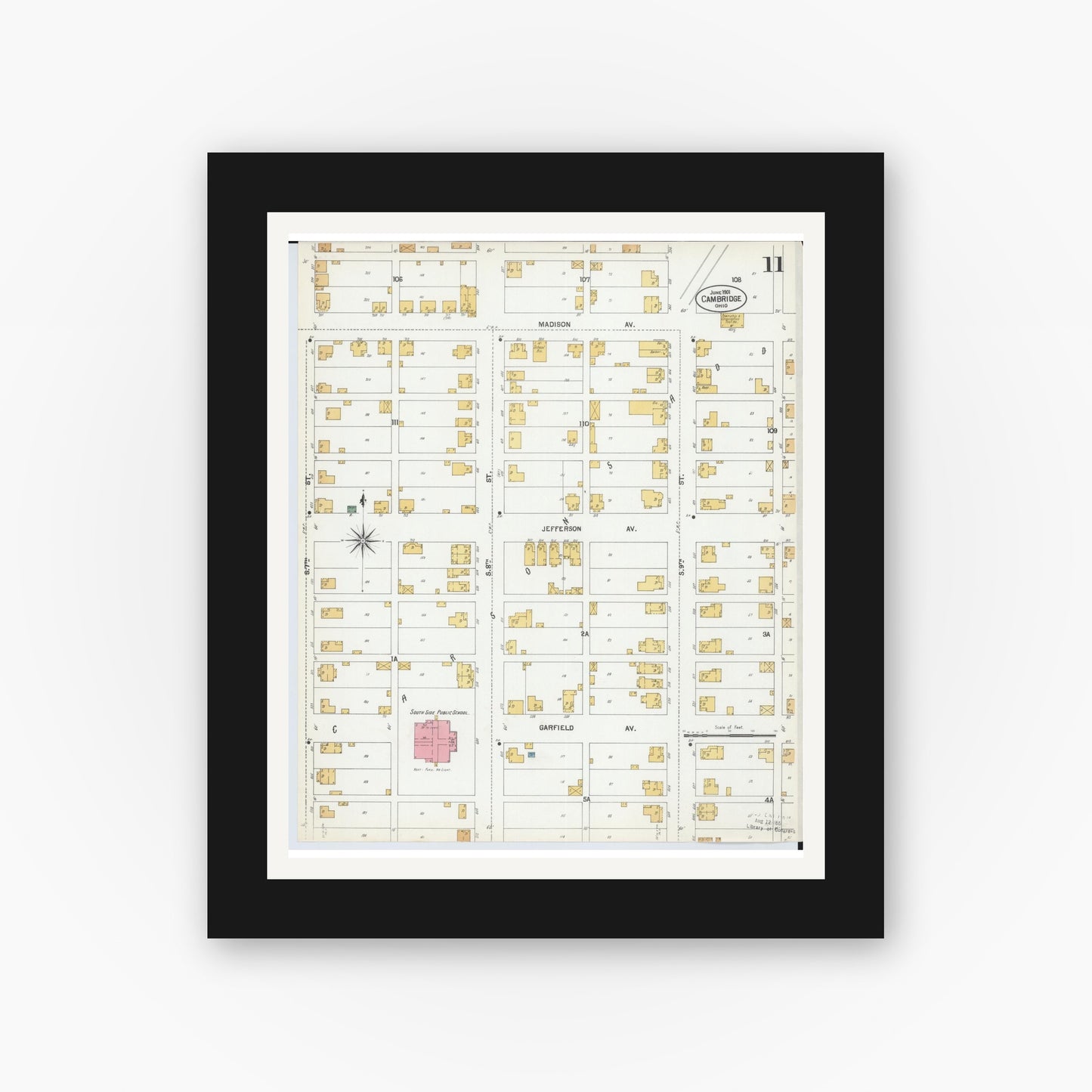 Old map wall art mockup — black gallery frame with white mat — Sanborn Fire Insurance Map from Cambridge, Guernsey County, Ohio (1901), Sheet #0011