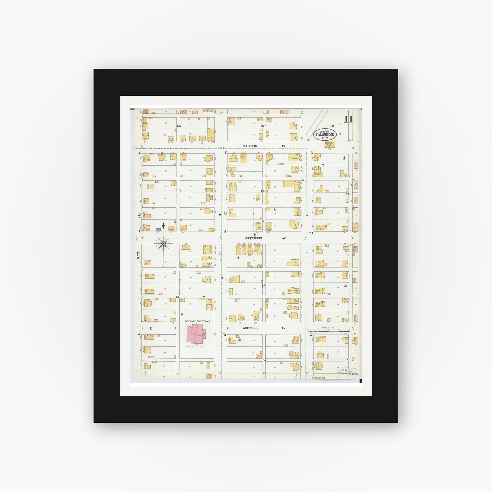 Old map wall art mockup — black gallery frame with white mat — Sanborn Fire Insurance Map from Cambridge, Guernsey County, Ohio (1901), Sheet #0011